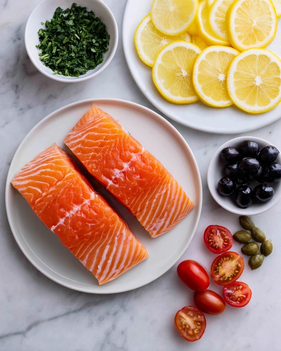 The image shows two raw salmon fillets with bright orange color and white lines on a white plate, placed on a white marbled surface. Next to it, there is a white plate with neatly arranged slices of yellow lemon on the top right, a pile of black olives on the far right, a cluster of small red cherry tomatoes cut in half near the bottom center, and green capers beside the lemons. Above both plates, there is a small white bowl filled with chopped green herbs. The overall look is fresh and clean, with vivid colors and simple arrangement, photo taken with an iphone --ar 4:5 --v 7