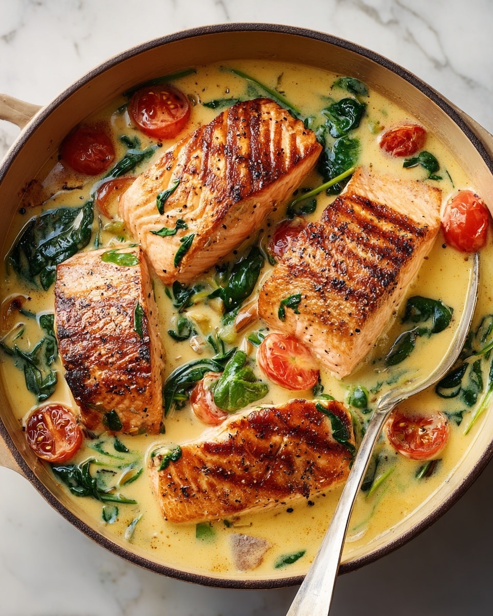 The image shows three pieces of cooked salmon with grill marks, placed in a creamy light yellow sauce with fresh green spinach leaves and red cherry tomatoes scattered around them. A silver spoon is seen on the right side, partially dipped in the sauce. The dish is inside a round pot with a warm, light brown color on the inside. The background is a white marbled texture. Photo taken with an iphone --ar 4:5 --v 7