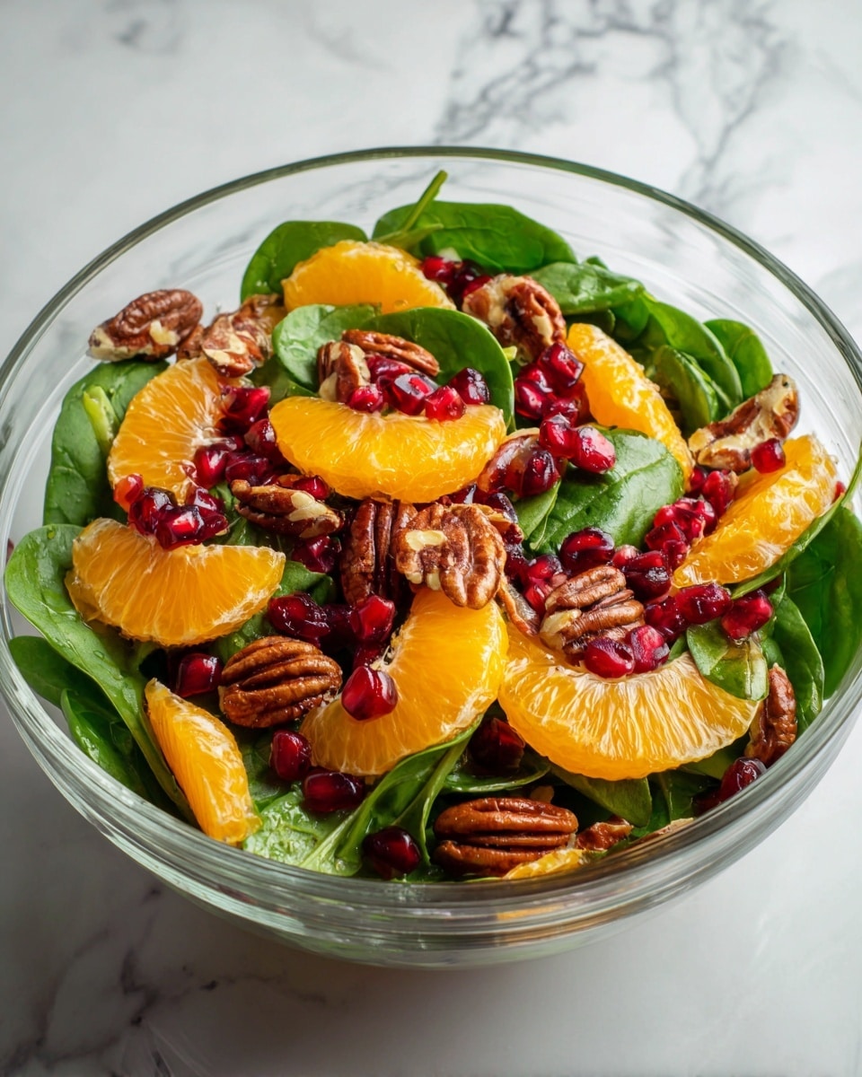 A clear glass bowl filled with a fresh salad placed on a white marbled surface. The salad has a base layer of green spinach leaves that look crisp and smooth. Spread evenly on top are bright orange mandarin slices with a soft, shiny texture. Scattered throughout are deep red pomegranate seeds that add small pops of color and glossy shine. Also visible are large pecan nuts with a rough, brown texture placed randomly on the salad. The image shows a close-up view from above, capturing all the colorful layers clearly, photo taken with an iphone --ar 4:5 --v 7