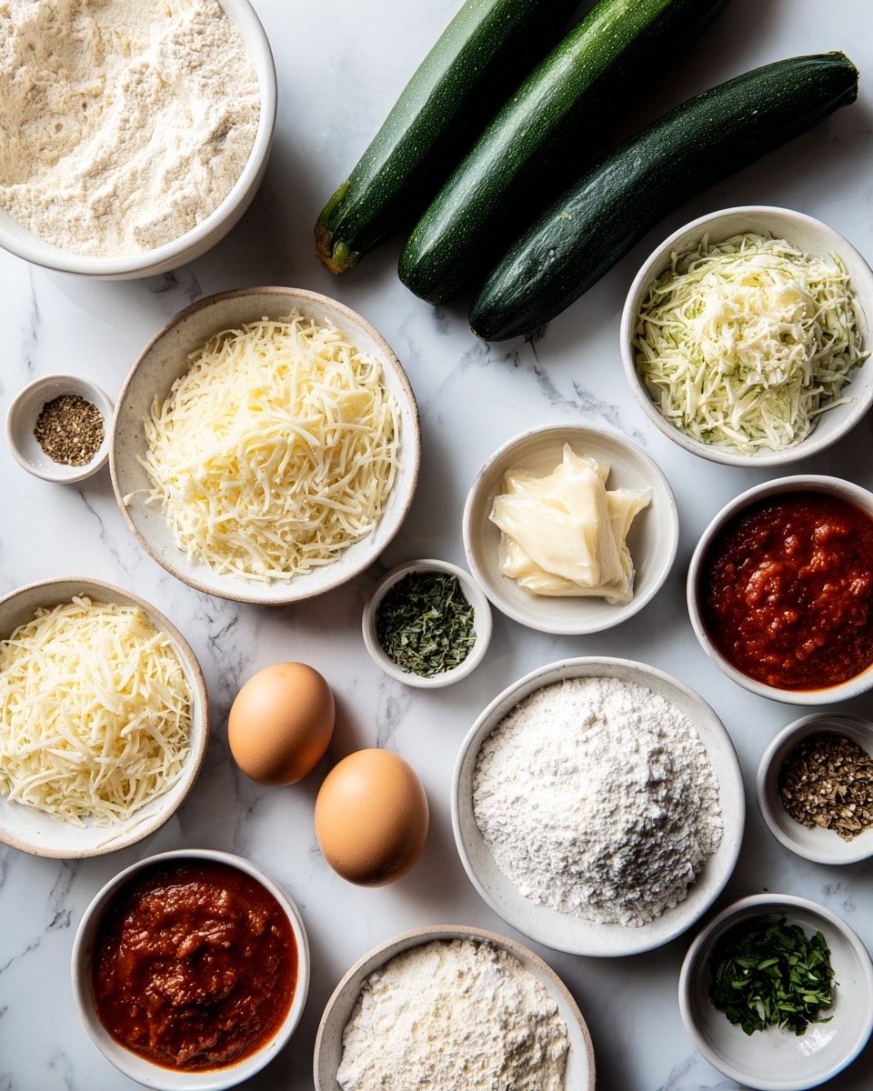 The image shows several white bowls and plates arranged neatly on a white marbled surface. There are three dark green zucchini placed diagonally near the top center. Around them, there are bowls containing different ingredients: white flour, two types of grated cheese (one pale yellow and one off-white), and small bowls with red sauce, finely chopped green herbs, and spices in two small bowls. Two whole brown eggs are also placed near the middle. The overall look is clean and organized, with each ingredient distinctly visible. photo taken with an iphone --ar 4:5 --v 7