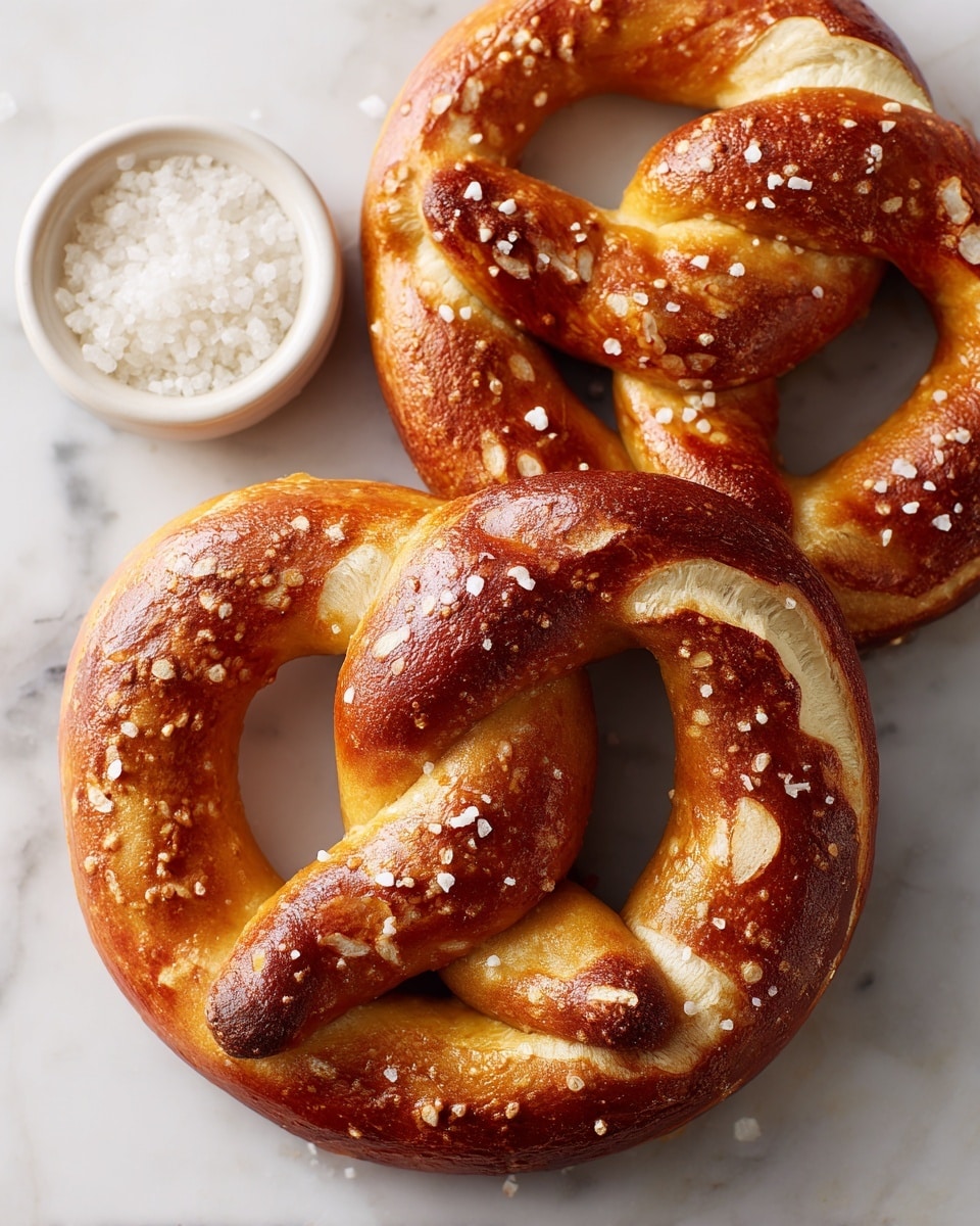 The image shows two golden brown pretzels on a white marbled surface. Each pretzel has a shiny, slightly crispy crust with a soft, twisted shape and is sprinkled with coarse salt. Next to the pretzels is a small white bowl filled with more salt crystals. The pretzels have a warm, inviting look with their evenly browned texture and puffed-up dough in the middle and loops. The scene is bright and clean, focusing on the fresh, baked pretzels. photo taken with an iphone --ar 4:5 --v 7