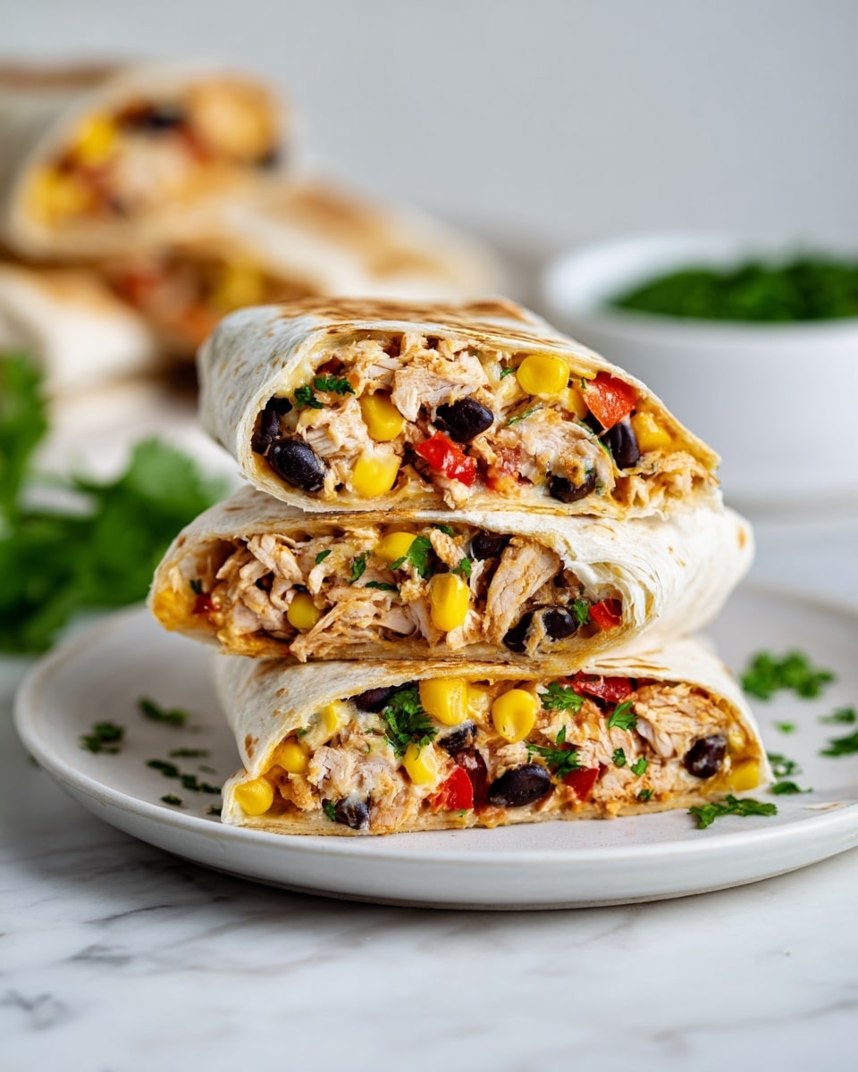 The image shows a stack of three wraps on a white plate sitting on a white marbled surface. Each wrap is cut in half and filled with layers of colorful ingredients: light brown chicken pieces, black beans, yellow corn, red bell peppers, green cilantro, and melted cheese. The wraps are lightly toasted with a golden brown surface and the fillings are visible from the side. In the background, there is a blurred view of another wrap and a small white bowl with green garnish. The scene is bright and fresh, highlighting the rich colors of the food. Photo taken with an iphone --ar 4:5 --v 7