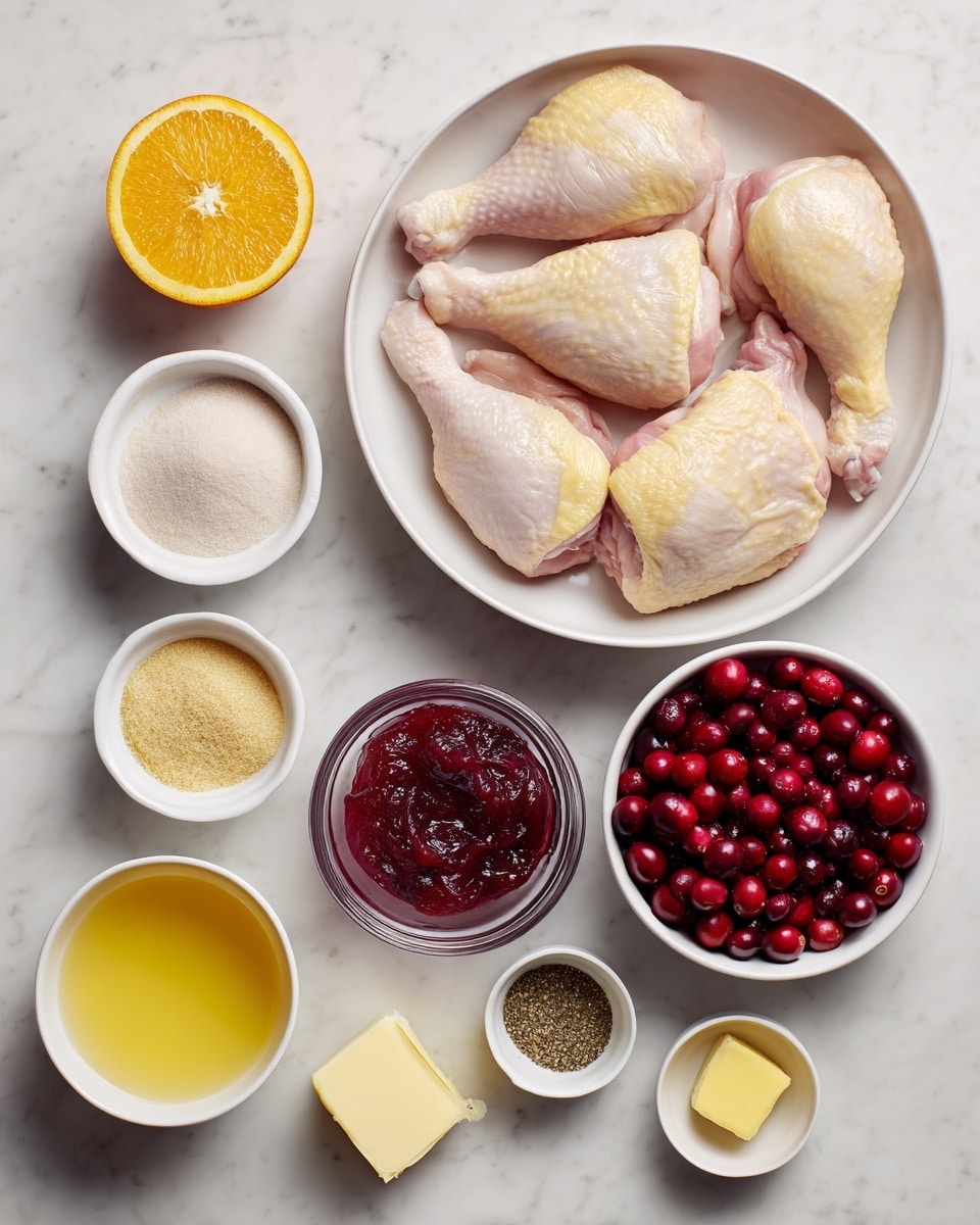 In the image, nine white bowls and dishes hold different cooking ingredients arranged on a white marbled surface. The largest bowl at the top center contains four raw chicken thighs with pale yellow skin and pink flesh. Below this, from left to right, are a whole orange half showing bright orange flesh, a small white bowl with light brown sugar, a medium glass bowl with deep red cranberry sauce that has a thick and glossy texture, and another white bowl filled with fresh red cranberries. At the bottom left is a white bowl of golden yellow melted butter, next to a small dish with yellow garlic paste. Right beside it is a dish with two piles of seasoning: one pale yellow and one dark black pepper. The last bowl at the bottom center holds a square piece of pale yellow butter. The layout is neat, colors are natural, and the scene is bright and clean. photo taken with an iphone --ar 4:5 --v 7