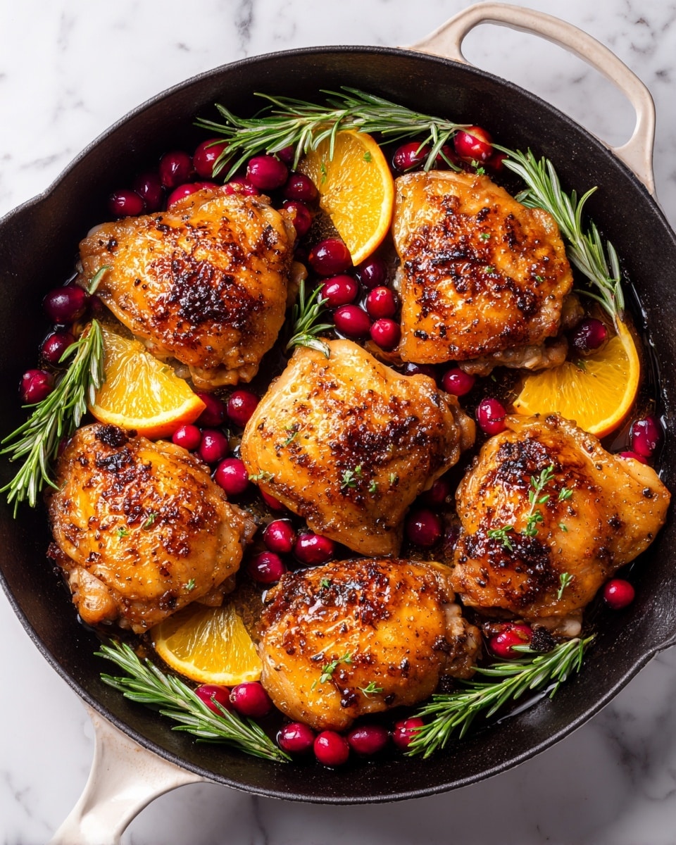 A close-up of a black pan filled with five cooked chicken pieces, each coated with a dark red sauce and small chunks of fruit or sauce, placed on a white marbled surface. Among the chicken pieces are two bright orange slices, one whole and one partly visible, adding a pop of color. A silver spoon is positioned on the left side of the pan, partially resting on the chicken and sauce. The chicken has a golden-brown to reddish color indicating it is cooked and glazed. photo taken with an iphone --ar 4:5 --v 7