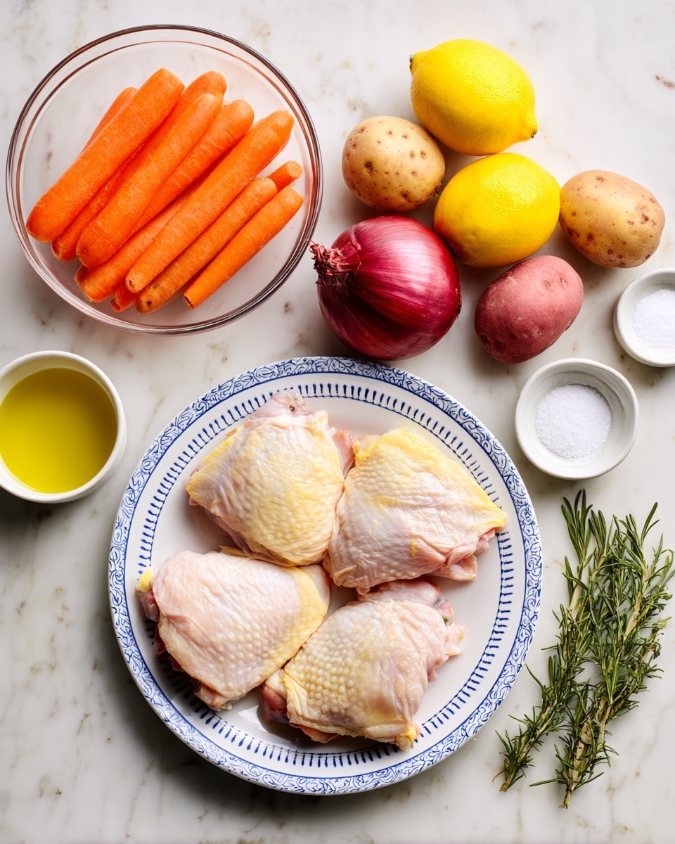 On a white marbled surface, there is a white plate with blue stripes holding four raw chicken thighs with pale yellow skin and pink flesh showing. To the left, a clear glass bowl is filled with bright orange baby carrots, and below it are four small reddish-brown potatoes. Near the potatoes, three bright yellow lemons are placed closely. Above the lemons, a deep red onion rests next to a garlic bulb. To the right of the garlic, two small white bowls hold salt and pepper. On the far right, two sprigs of fresh green rosemary lie on the surface. At the bottom left corner, a small white cup contains golden olive oil. Photo taken with an iphone --ar 4:5 --v 7