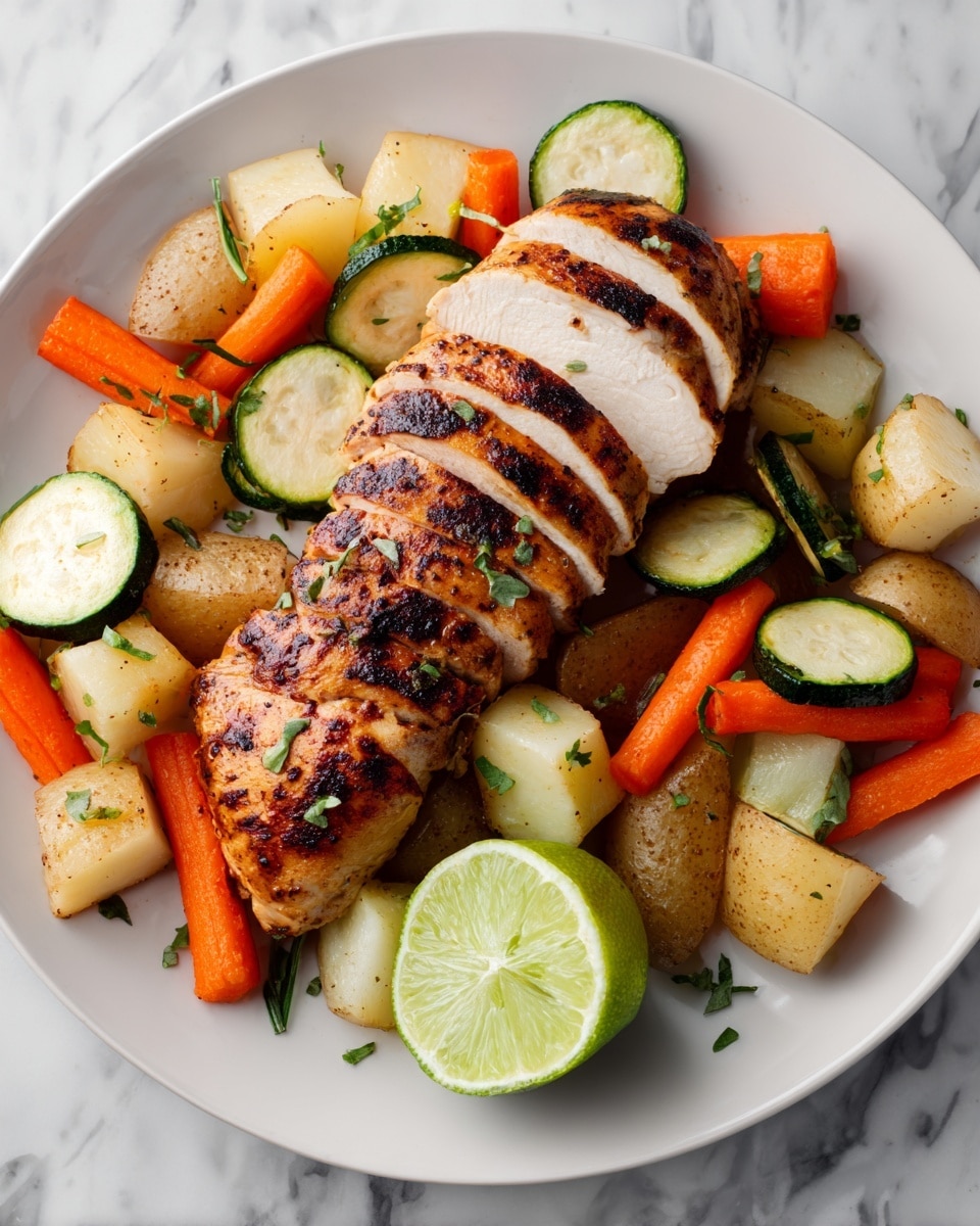 A white plate holds a sliced, golden-brown grilled chicken breast placed in the center. Around the chicken are mixed cooked vegetables, including round orange carrot slices, green zucchini slices with soft white flesh, and small white potato cubes. There are green herb sprigs scattered on top and around, adding a fresh touch. In the foreground, a wedge of lime with light green skin rests on the plate. The plate sits on a white marbled surface. photo taken with an iphone --ar 4:5 --v 7