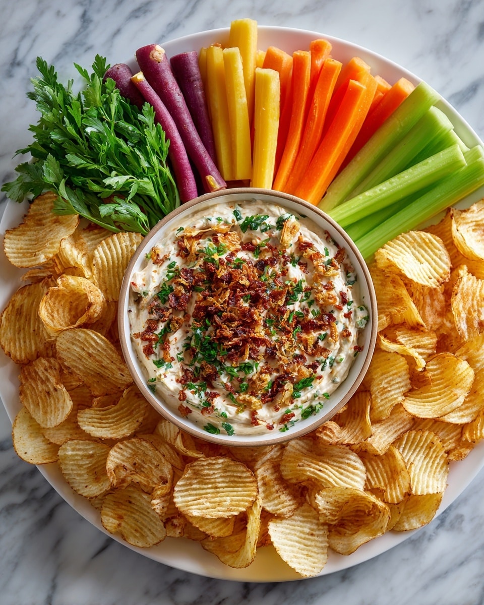 The image shows a white plate with wavy potato chips all around the edge. In the center is a light brown bowl filled with creamy white dip topped with green herbs, red spices, and crunchy bits. Around the bowl, there are fresh vegetable sticks neatly placed in sections, including purple and yellow carrots, green celery sticks, and orange carrot sticks. A bunch of fresh green herbs is placed next to the vegetable sticks. The plate sits on a white marbled surface. The photo taken with an iphone --ar 4:5 --v 7