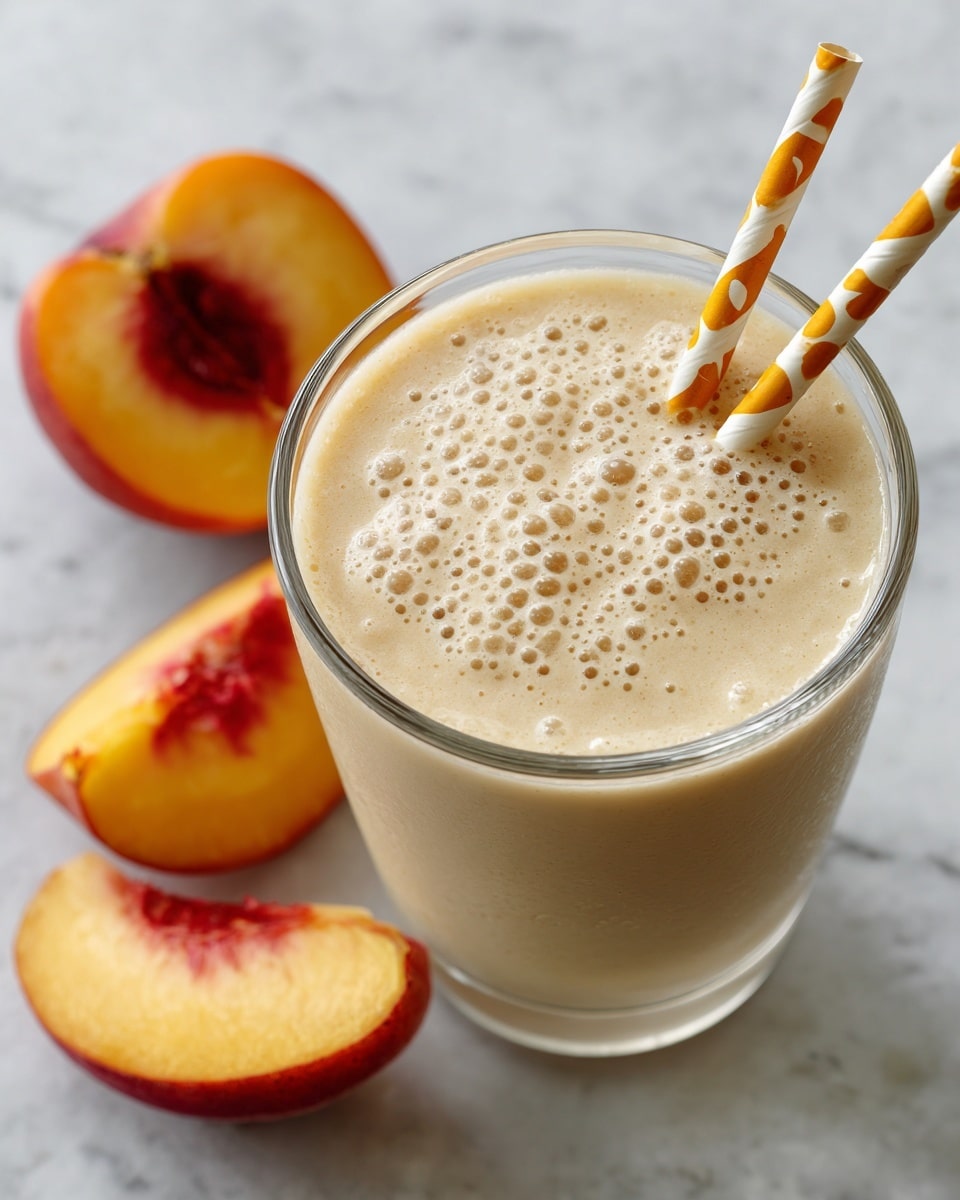 A clear glass filled with a light beige smoothie topped with small bubbles covering the surface. Two paper straws with orange and yellow polka dots are inserted into the glass from the top right. On the left side, there are two peach slices with their red pits showing, placed on a white marbled surface. The image is bright and clear, focusing closely on the top side of the drink. photo taken with an iphone --ar 4:5 --v 7