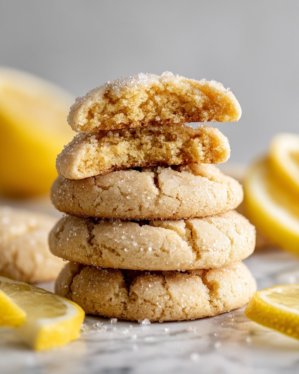 A stack of four soft, light golden cookies sits on a white marbled surface, with the top cookie broken in half to show its tender, slightly crumbly inside texture. The cookies have a cracked surface with coarse sugar crystals sprinkled on top, adding a sparkling effect. Around the cookies, there are slices of bright yellow lemon, adding a fresh and vibrant touch to the scene. The photo focuses closely on the cookies, showing their layered, fluffy inside and smooth top crust, all in soft natural light. photo taken with an iphone --ar 4:5 --v 7