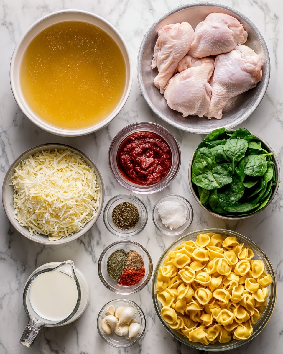 The image shows a top view of many ingredients laid out on a white marbled surface, ready for cooking. On the left, there is a large white bowl filled with a golden broth. Surrounding it are smaller bowls: one with shredded white cheese, another with diced white onions, and a third with shredded light yellow cheese. In the center, there is a metal bowl holding two raw chicken pieces with light pink skin. Nearby, a small glass bowl contains minced garlic, and another has thick, bright red tomato paste. There are also bowls with dried red pepper flakes, dried herbs, black pepper, sea salt, and a pale golden liquid that looks like oil. On the right side, a clear glass bowl holds many yellow tortellini pasta pieces, and next to it, a large metal bowl is full of fresh green spinach leaves. A glass measuring cup with white cream or milk is also present. All items are neatly arranged in a clean and organized way. photo taken with an iphone --ar 4:5 --v 7
