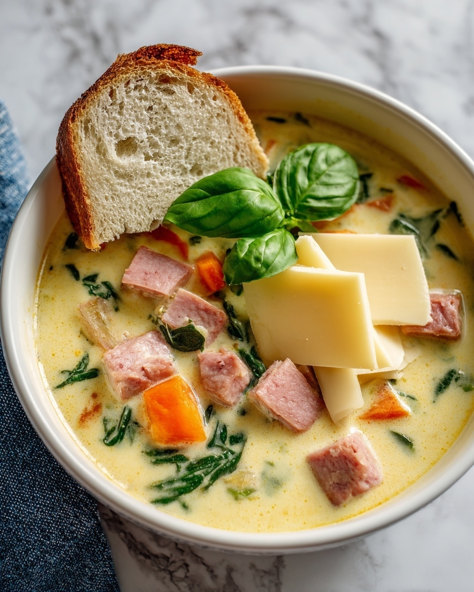 The image shows a white bowl filled with creamy soup, with a light yellow color and some green leafy herbs mixed throughout. On top, there are chunks of pinkish cooked meat, bright orange carrot pieces, and a few slices of pale yellow cheese arranged in a small pile. A fresh green basil leaf rests on the cheese, adding a pop of color. A slice of crusty white bread is placed on the edge of the bowl, partially dipped in the soup. The bowl sits on a white marbled surface with a hint of a blue cloth visible near the bottom corner. Photo taken with an iphone --ar 4:5 --v 7