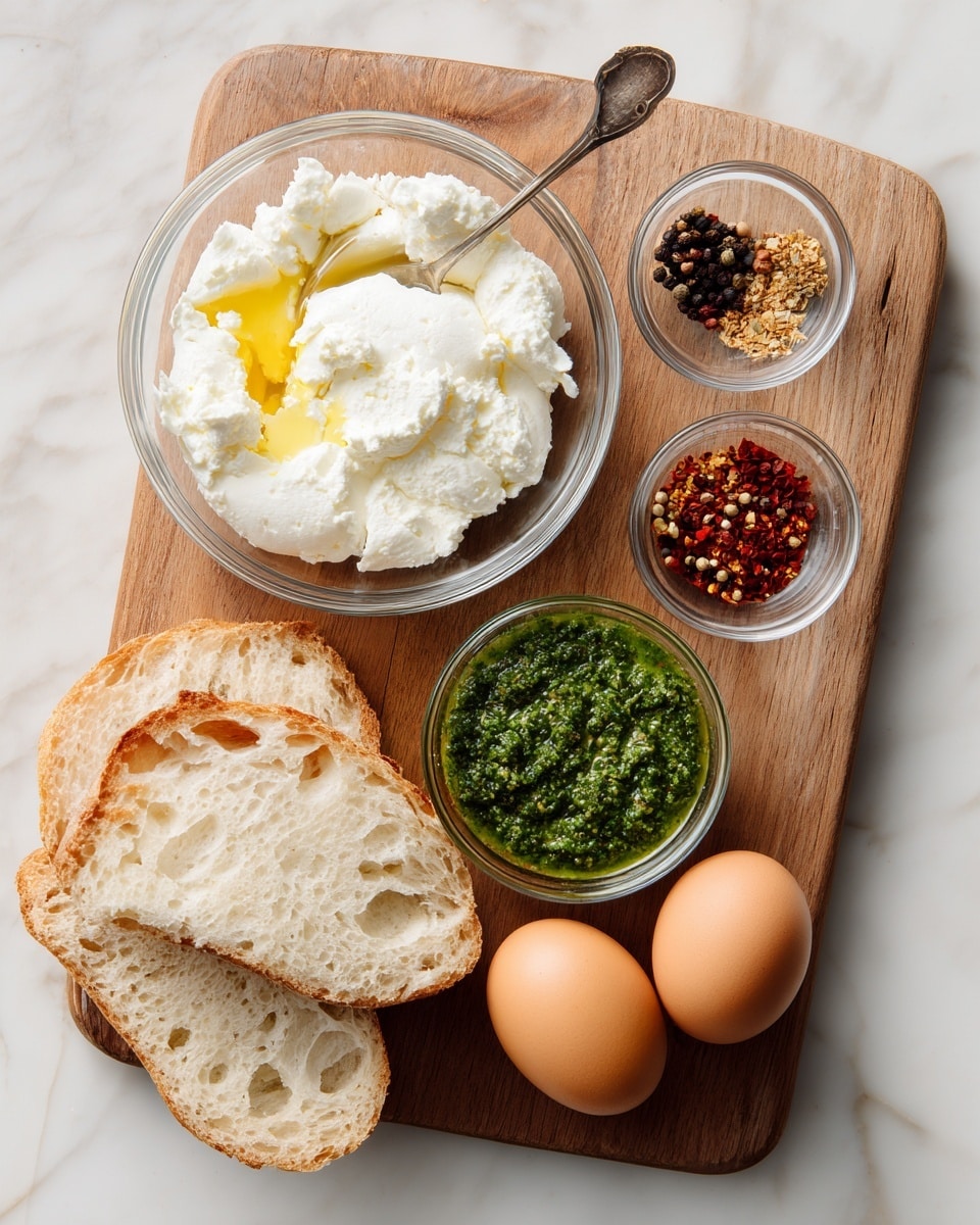 A wooden board on a white marbled surface holds ingredients for a recipe: a large glass bowl filled with soft white cheese with a spoon inside it sits at the top left, next to a small glass bowl containing black pepper, red chili flakes, and salt on the top right, and another small glass bowl filled with bright green pesto below that. Two brown eggs are positioned side by side near the bottom right, and a large slice of bread with a light crust and airy texture lies on the bottom left. Photo taken with an iphone --ar 4:5 --v 7