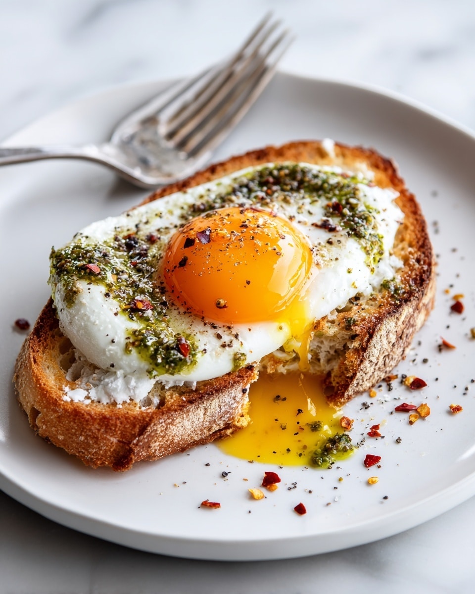 A white plate on a white marbled surface holds a slice of toasted bread with three clear layers: the bottom is a crispy golden-brown crust, the middle is soft and light, and the top holds a smooth white spread. On top of the spread is a sunny-side-up egg with a bright orange yolk slightly broken and spreading onto the plate, surrounded by firm white egg white. Green pesto sauce with a coarse texture is dotted around the egg, with black pepper and small red chili flakes sprinkled over everything. A silver fork touches a piece of bread with spread and pesto near the egg yolk. Photo taken with an iphone --ar 4:5 --v 7