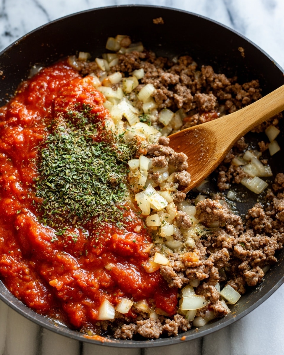 A close-up view of a black round pan filled with a cooking mixture of ground meat, diced onions, and tomato sauce. The dish has a layer of bright red tomato sauce spread unevenly on one side, with chopped onions and light brown ground meat covering the rest. There are visible sprinkles of green dried herbs spread on top, adding texture contrast. A wooden spoon is partially resting inside the pan, stirring the mixture. The pan sits on a white marbled surface. photo taken with an iphone --ar 4:5 --v 7