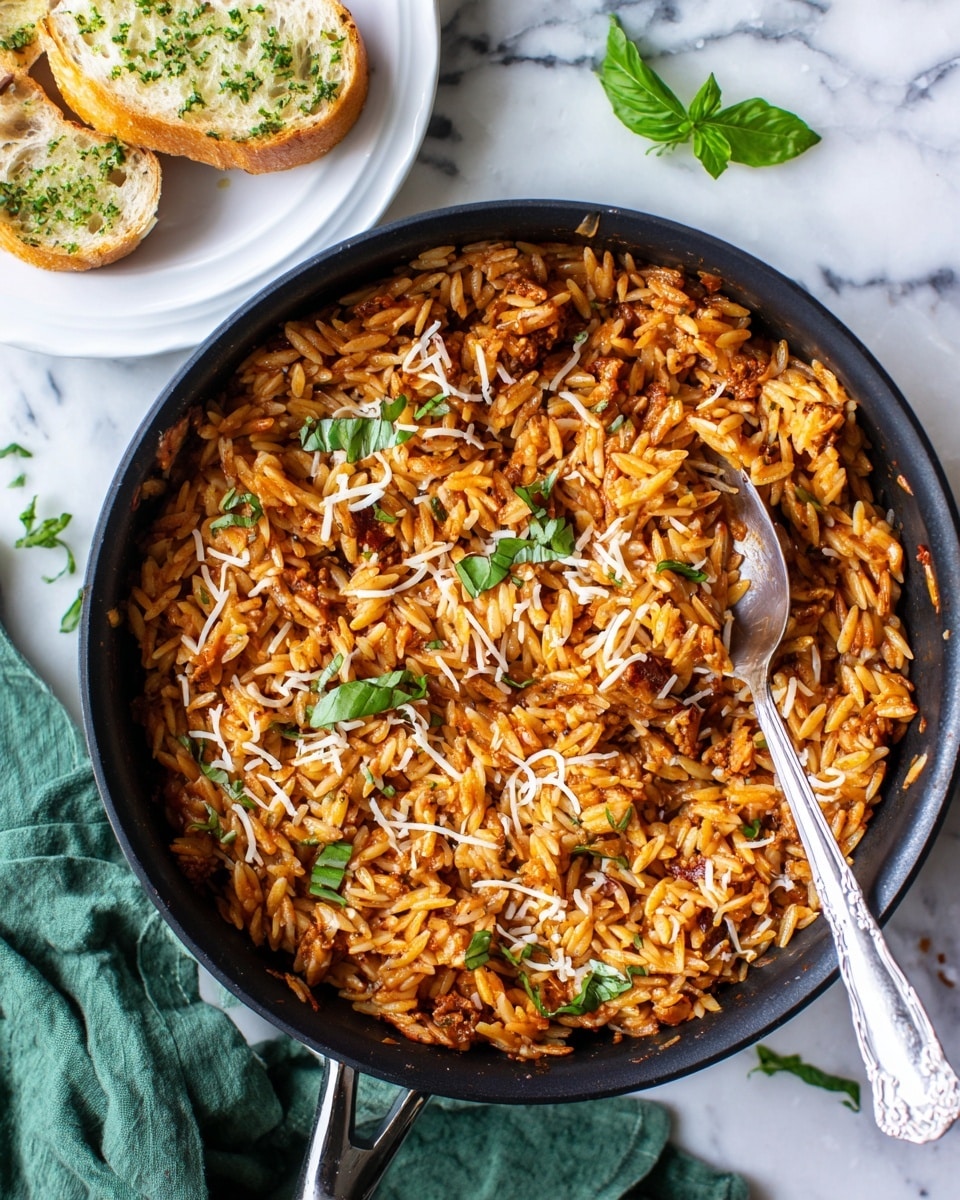 The dish shows a white bowl filled with three layers: the base layer is pasta covered in a thick, reddish-orange sauce with small pieces of cooked meat mixed in; the middle layer is shredded white cheese sprinkled evenly over the pasta; the top layer is fresh chopped green herbs scattered on top for color. On the right side of the bowl, there are two slices of toasted bread with green herbs sprinkled over them. A spoon with a shiny metal handle rests on the left side inside the bowl. The bowl sits on a white marbled surface with a green cloth napkin partially visible in the bottom-left corner of the image. Photo taken with an iphone --ar 4:5 --v 7