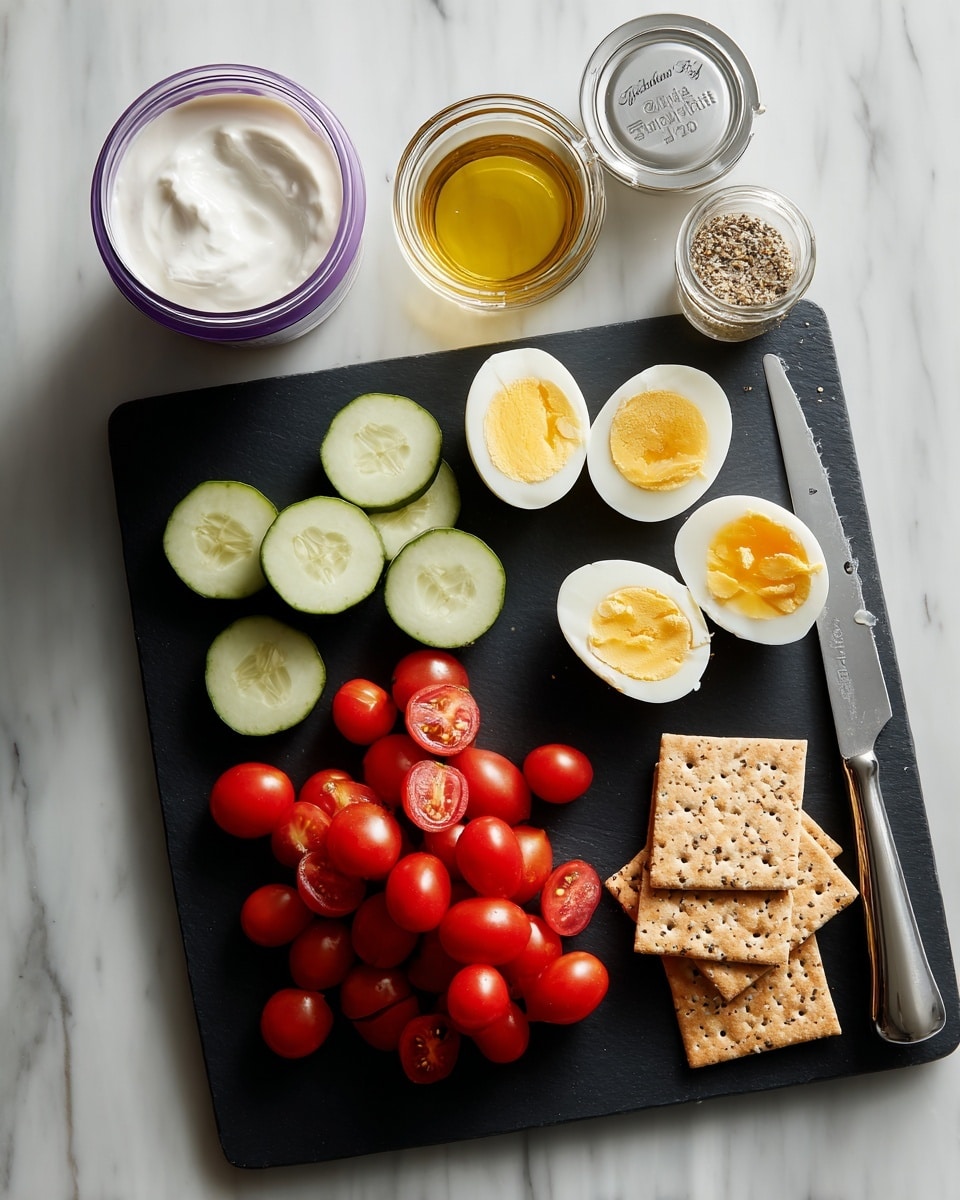 A black cutting board on a white marbled surface holds various fresh ingredients arranged in groups: in the top left, round light green cucumber slices stacked; below them, two halves of a hard-boiled egg showing a bright yellow yolk; next to the egg, a small pile of square light brown crackers with visible holes; on the right side, a heap of halved bright red cherry tomatoes with juicy, shiny interiors; near the top of the board, a shiny silver knife with a black handle lies diagonally. Above the board, a white round container with a partially peeled-back purple and silver lid revealing smooth white yogurt, a small clear glass bowl of golden olive oil to its left, and a small jar of Trader Joe’s Everything but the Bagel Sesame seasoning on the right. photo taken with an iphone --ar 4:5 --v 7