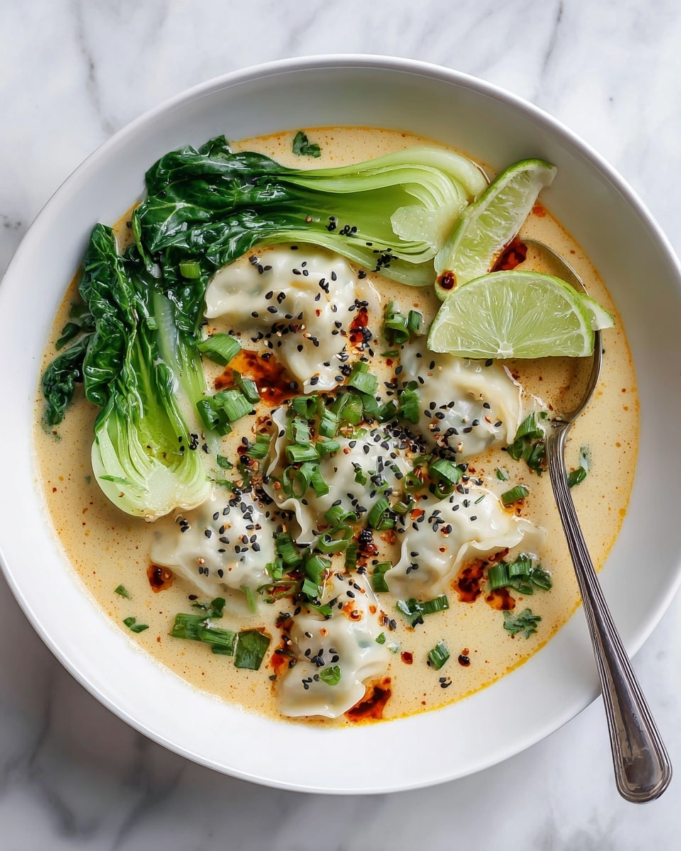 A white bowl filled with a creamy light beige soup base, topped with three white dumplings with wavy edges and sprinkled with black sesame seeds and chopped green herbs. There are bright green bok choy leaves resting on the side, and a small amount of red chili oil adds spots of color on the soup. Two thin slices of lime rest on the right edge of the bowl. A silver spoon is partially inside the bowl on the right side. The bowl sits on a white marbled surface. photo taken with an iphone --ar 4:5 --v 7