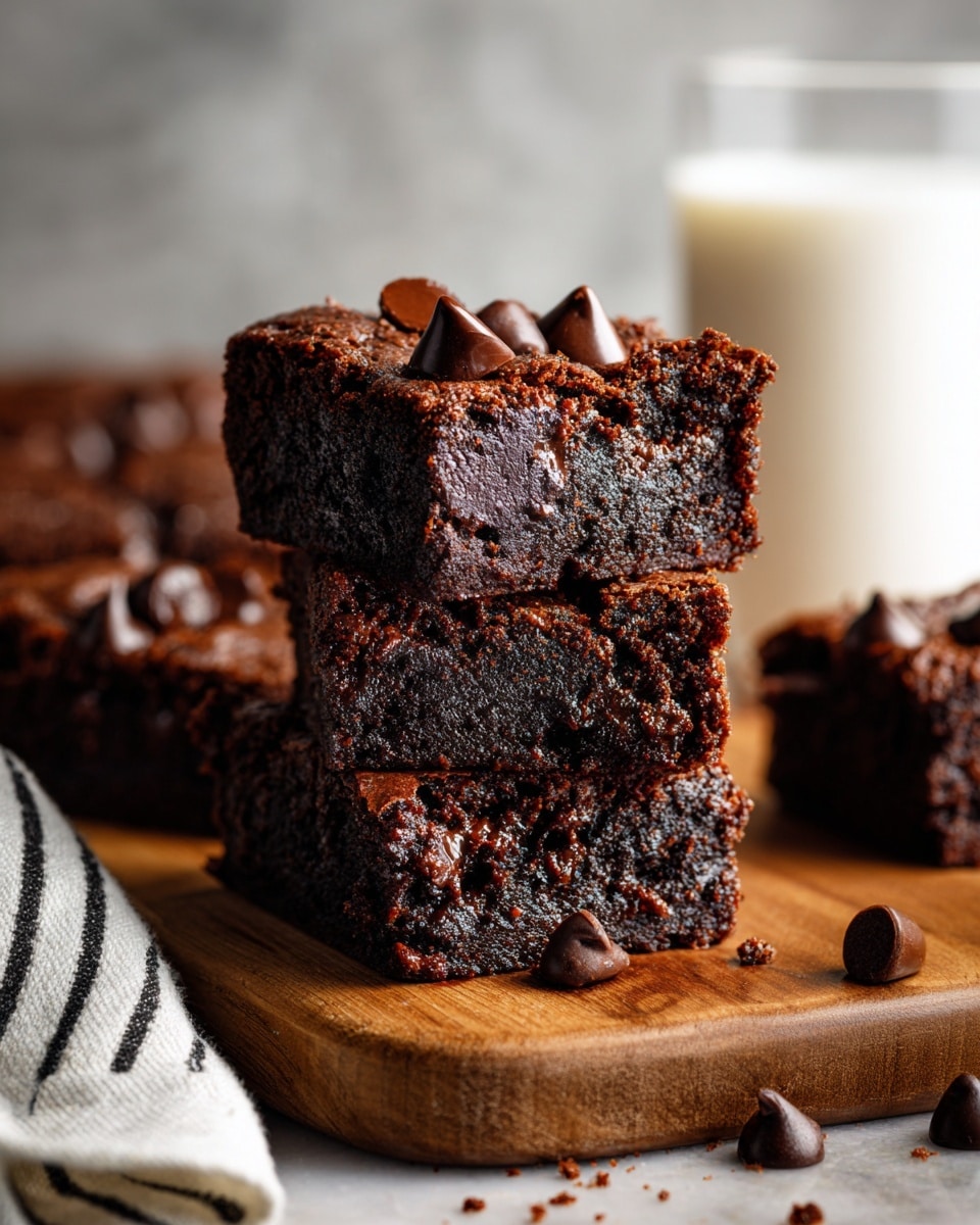 A stack of three thick, dark brown brownies sits on a wooden board with a few crumbs scattered around. Each brownie is rich and moist, with a dense texture and small bits of chocolate embedded inside. The top brownie has several large, shiny chocolate chips on its surface. In the background, more brownies can be seen resting on the board, and a glass of milk stands out with a soft, blurred white marbled surface behind everything. A white cloth with black stripes peeks at the front left corner. Photo taken with an iphone --ar 4:5 --v 7