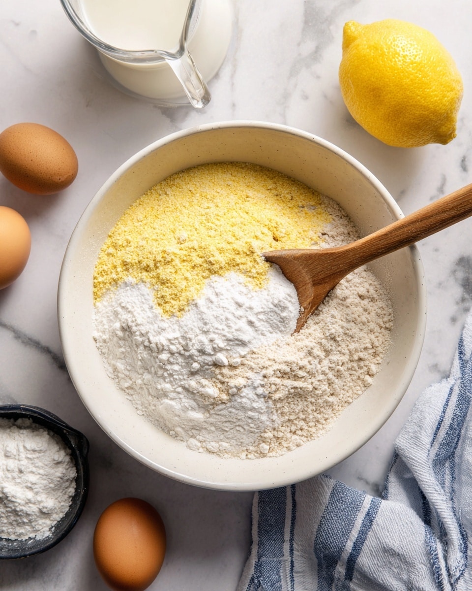 A white bowl filled with three layers of dry ingredients: a top layer of yellow cornmeal, a middle layer of light beige flour, and a bottom layer of white granulated sugar, with a wooden spoon resting inside stirring the mixture. Around the bowl on a white marbled surface are a clear measuring cup of milk, a whole yellow lemon, two brown eggs, a black measuring cup filled with white powder, and a folded blue and white striped cloth. Photo taken with an iphone --ar 4:5 --v 7