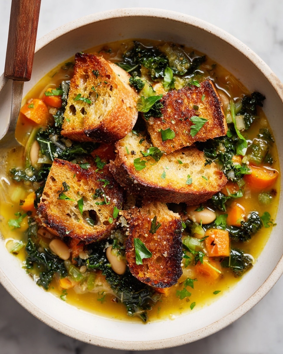 A white bowl filled with a thick soup showing four main layers: the base is a light golden broth with a slightly oily texture, mixed with small pieces of orange carrot and pale beans spread evenly; above this are dark green pieces of kale that appear soft and wilted, scattered throughout; resting on top are several large, rough chunks of toasted brown bread with crisp, browned edges and soft inside, some sprinkled with chopped green herbs; a piece of fresh green parsley lies among the bread chunks. The bowl sits on a white marbled surface with a wooden knife in the background. photo taken with an iphone --ar 4:5 --v 7
