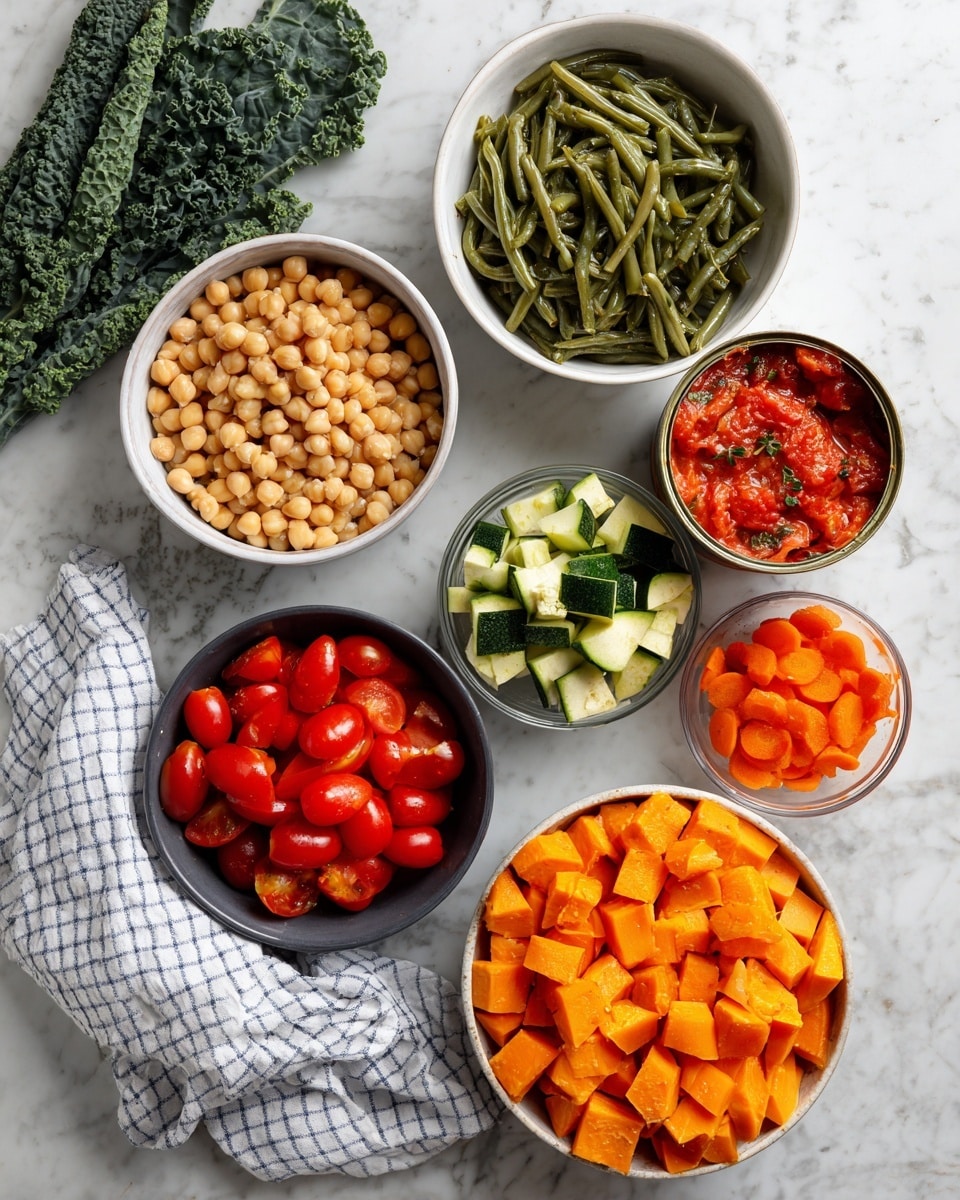 The image shows seven bowls of fresh vegetables and ingredients on a white marbled surface. Starting from the top left, there is a white bowl filled with beige chickpeas, next to it on the right is a larger white bowl with chopped green beans. To the right of that is an open can of red canned tomatoes with herbs. Below the green beans, there is a medium white bowl filled with small cubes of green zucchini. Below that, a large white bowl holds vibrant orange cubes of sweet potatoes. To the left, there is a small black bowl full of halved red cherry tomatoes. Next to the cherry tomatoes is a small clear bowl containing sliced orange carrots. On the left edge of the image are some long, dark green leafy kale pieces. A woman's hand is partly holding a white and blue checkered cloth that spreads out near the bowls. photo taken with an iphone --ar 4:5 --v 7