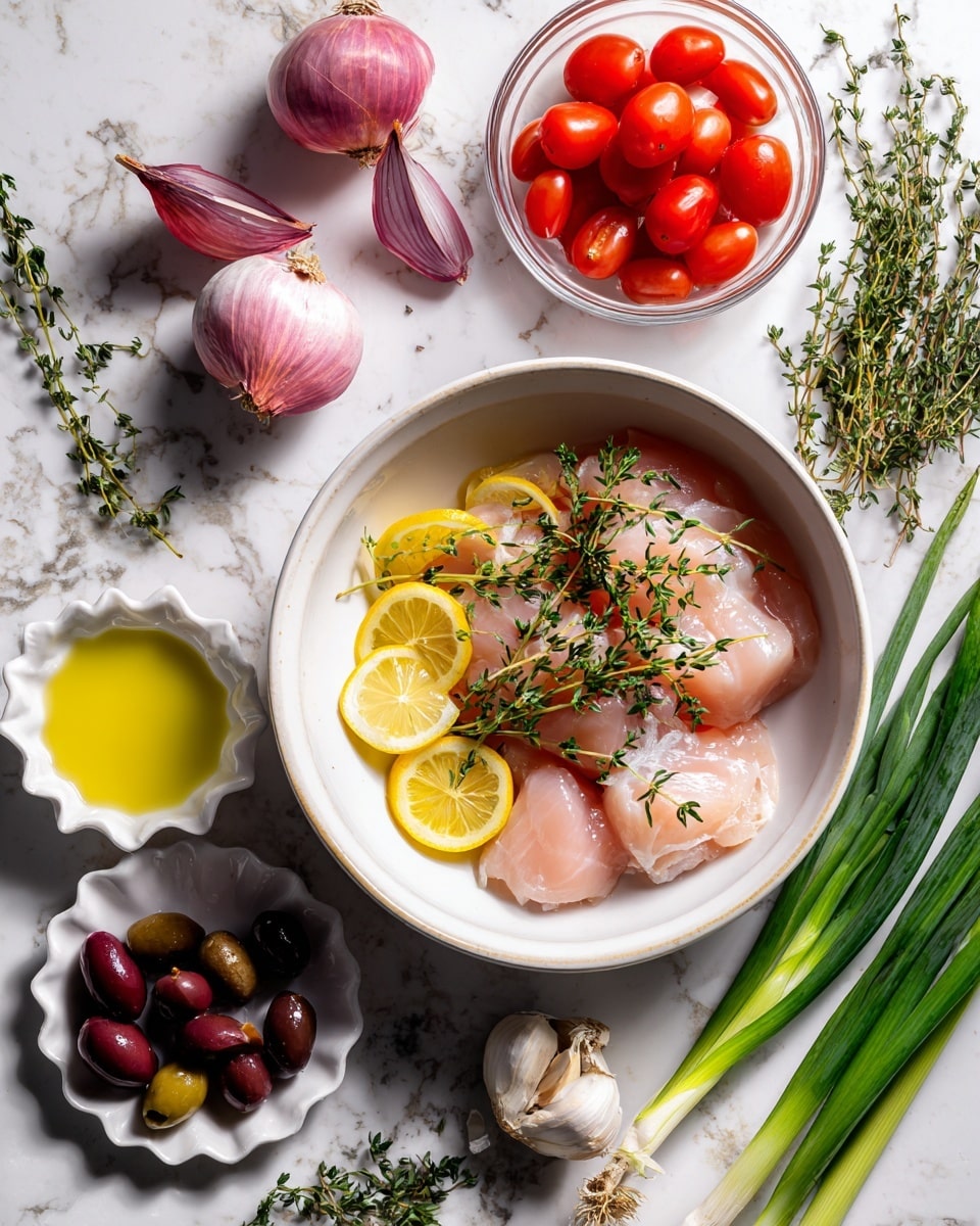 The image shows a white bowl holding raw chicken placed on thin lemon slices with fresh thyme sprigs on top, positioned on the upper right side. Around the bowl are various fresh ingredients arranged neatly on a white marbled surface: two halved shallots with a light purple color on the top left, bright red cherry tomatoes in a small clear glass bowl and some loose on the left side, a small white bowl with a yellow oil-based sauce near the tomatoes, a white scalloped plate with dark purple olives at the bottom left, two green onions with white bulbs and green stalks lying horizontally next to the olives, and two peeled garlic cloves near the green onions, all displayed with clear textures and vibrant colors. Photo taken with an iphone --ar 4:5 --v 7