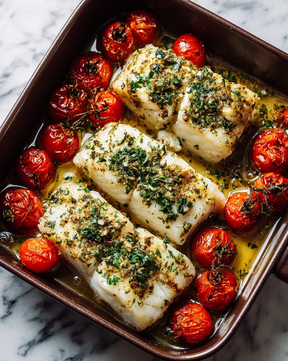 Three thick white fish fillets sit side by side in a dark brown baking dish on a white marbled surface. The fish is topped with green herbs and light brown seasoning, showing a slightly crispy texture on top. Around the fish, there are bright red roasted cherry tomatoes, some halved, with bits of herbs and a light oily glaze. The fish and tomatoes rest in a shallow layer of golden cooking juices, adding a shiny finish. The whole scene looks warm and fresh, captured closely from an angle. photo taken with an iphone --ar 4:5 --v 7