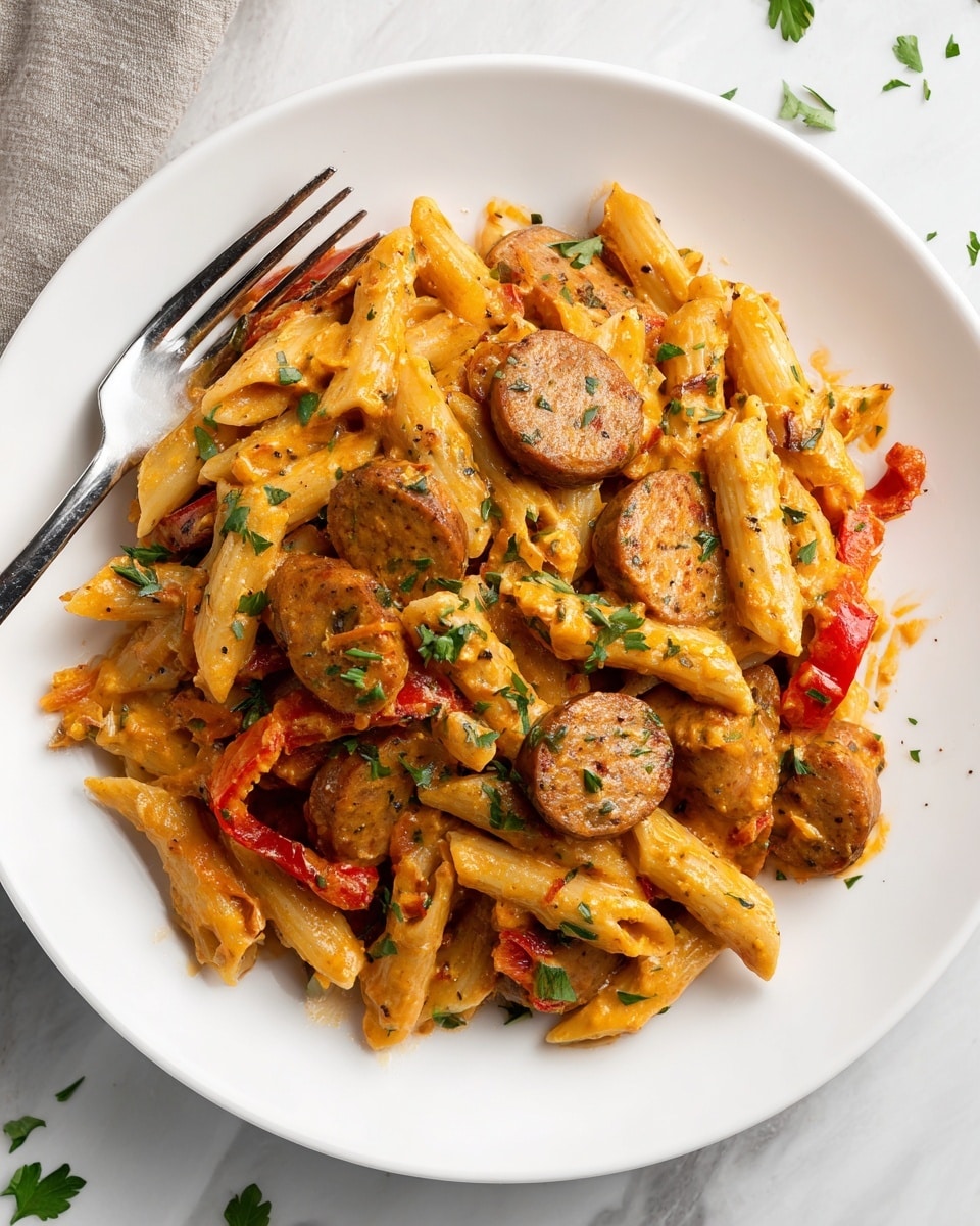 A white plate filled with penne pasta mixed with slices of browned sausage, bits of red bell pepper, and a sprinkle of chopped green herbs on top. The pasta has a creamy orange sauce coating each piece, giving a smooth texture, while the sausage slices have a slightly crispy, dark brown outer layer. The plate is on a white marbled surface with a fork resting on the left side of the plate. Small pieces of herbs are scattered around the dish, adding a fresh green touch. photo taken with an iphone --ar 4:5 --v 7