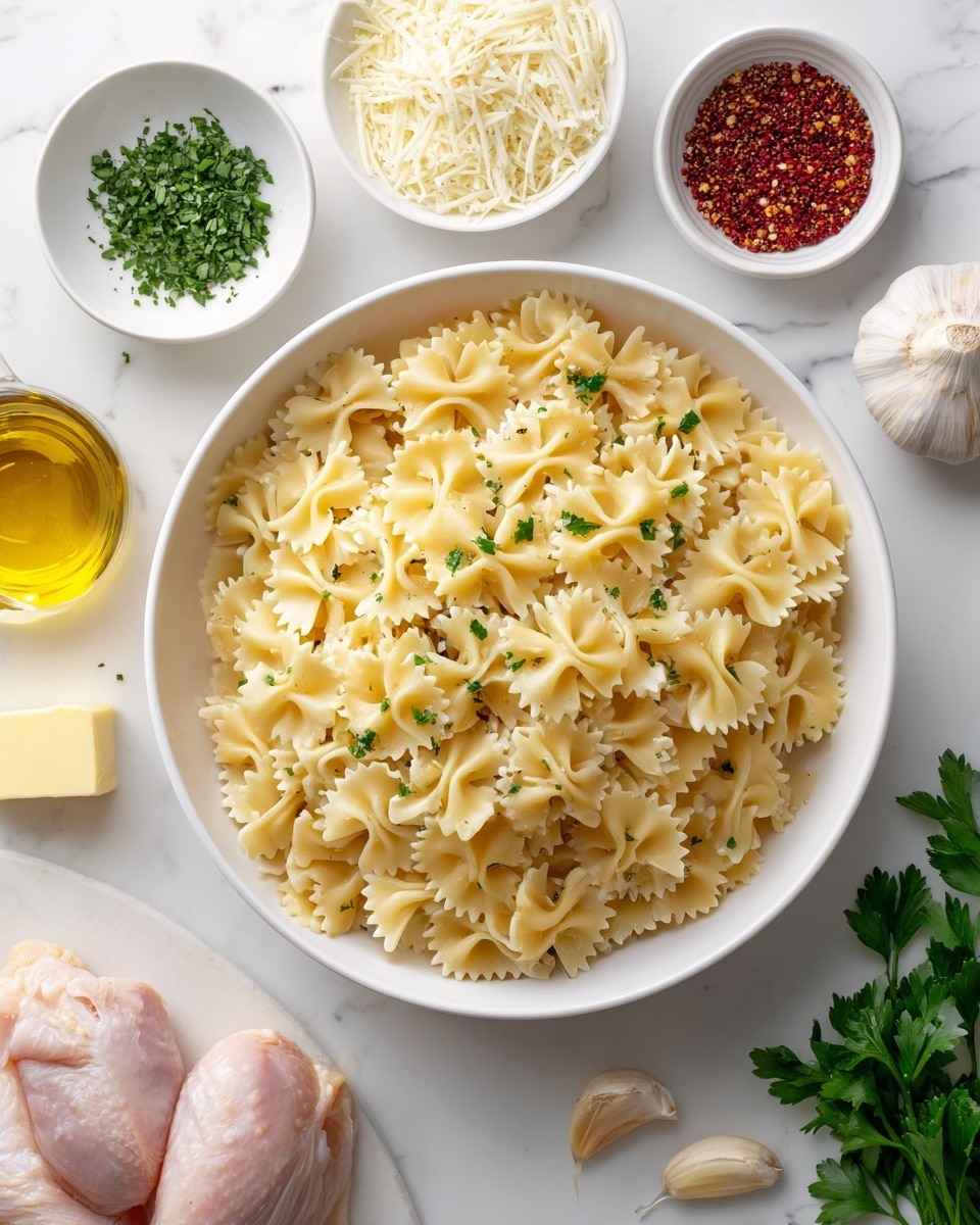 The image shows a white bowl filled with uncooked farfalle pasta, placed at the center on a white marbled surface. Around the bowl are small white bowls containing grated cheese, chopped green herbs, red spice powder, and black pepper. There is a small block of butter, a bottle of olive oil, and cloves of garlic near the bowls. Two raw chicken pieces and fresh green parsley lie to the top right of the pasta bowl. The scene is clean and bright, with all items neatly arranged in a flat lay style. Photo taken with an iphone --ar 4:5 --v 7