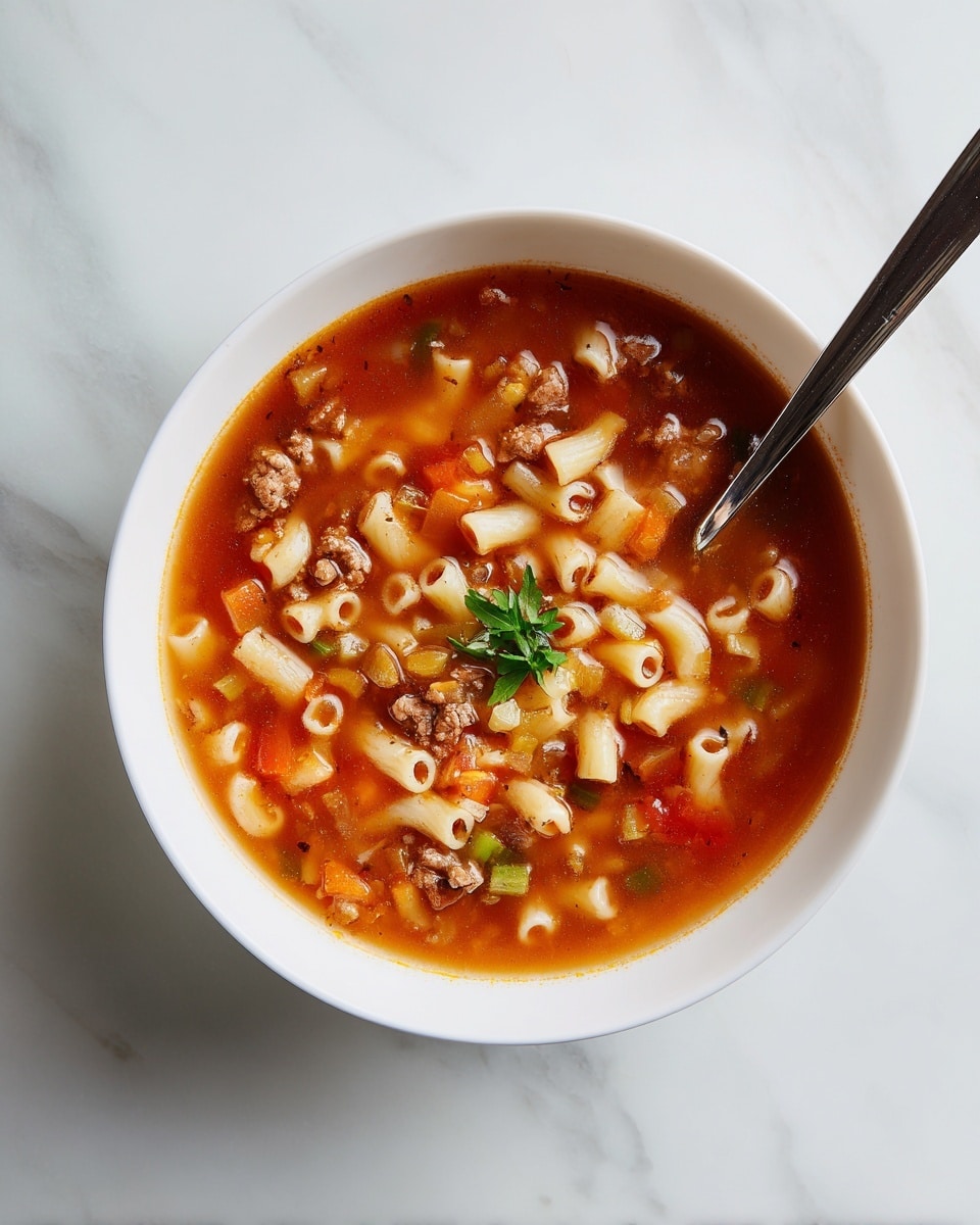 A white bowl filled with a warm pasta soup, showing small tube-shaped pasta mixed with diced vegetables and small pieces of meat in a rich, reddish-brown broth. The soup layers include the soft pasta and meat evenly mixed throughout, topped with a small green herb for garnish in the center. The white bowl is placed on a white marbled surface, with a spoon resting inside it. Photo taken with an iphone --ar 4:5 --v 7