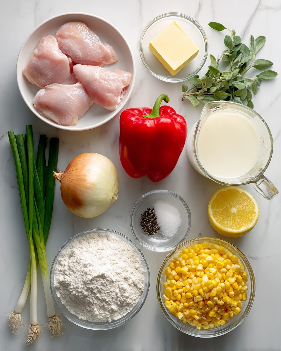 A top-down view of all the ingredients needed for a dish are carefully arranged on a white marbled surface. At the top left, there is a white bowl filled with three raw, pink chicken pieces. Below it is a small clear bowl with a square piece of light yellow butter. In the center left, a glossy red bell pepper sits beside a whole, pale yellow onion and a few green onions whose stalks lay spread out. A clear bowl filled with white flour sits near the middle. To the right, a small clear bowl of black pepper and another small clear bowl of white salt are visible. A large clear bowl filled with bright yellow corn kernels is on the bottom right side. Near the top right, there is a glass measuring cup filled with light yellow liquid, a whole yellow lemon, some green leafy herbs, and a glass measuring cup filled with white milk. The white marbled surface provides a clean, bright background for all the layered ingredients photo taken with an iphone --ar 4:5 --v 7