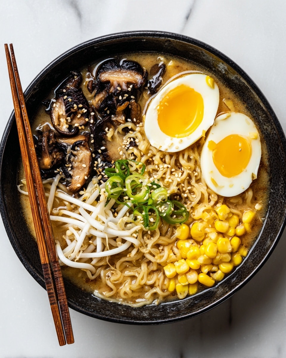 The image shows a bowl of noodles with many thin, light-colored noodles being lifted by a pair of wooden chopsticks held by a woman's hand at the top right corner. Inside the bowl, there is a layer of scrambled yellow eggs positioned towards the back, a halved boiled egg with a bright yellow yolk and white egg white on the left side, and a darker, meat-like item towards the lower left side, partially blurred. The bowl is white with a black textured exterior and sits on a white marbled surface, with a soft light creating a natural look. photo taken with an iphone --ar 4:5 --v 7