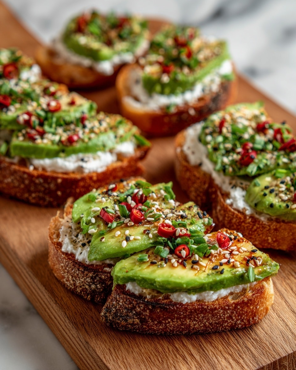 The image shows several pieces of toasted bread laid out closely on a wooden board. Each toast has a thick green layer of avocado slices on top, followed by a creamy white spread with a slightly rough texture. On top of the spread are small red chili slices, black and white sesame seeds, and finely chopped green herbs. The toast has a crusty, golden brown outside and a soft-looking inside. The scene is set against a white marbled surface. photo taken with an iphone --ar 4:5 --v 7