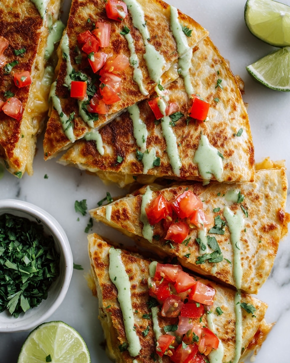The image shows several golden brown quesadilla halves placed on a white marbled surface, each quesadilla having a slightly crispy, browned tortilla layer filled with melted cheese that peeks out from the edges. They are topped with small diced red tomatoes and sprinkled with chopped green herbs. A light green sauce is drizzled artistically across the quesadilla tops. In the lower part of the image, there is a small white bowl filled with fresh green leafy herbs, and a bright green lime wedge is placed nearby. The overall look is fresh and appetizing, with a casual presentation photo taken with an iphone --ar 4:5 --v 7