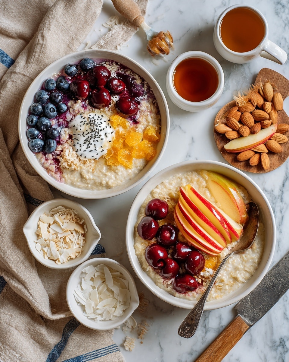 The image shows two white bowls with oatmeal placed on a white marbled surface. The bowl on the right has a base layer of creamy oatmeal topped with a layer of thin red apple slices arranged in a fan shape, bright red cherries with syrup, and scattered chopped almonds. A silver spoon rests inside this bowl. The bowl on the left contains creamy oatmeal topped with a layer of fresh blueberries, white coconut flakes, orange zest curls, and a dollop of yogurt or cream in the center, sprinkled lightly with black seeds. Around the bowls are small white dishes holding coconut flakes and syrup, a wooden spoon filled with chopped almonds, a cup of tea, a wooden cutting board with sliced apples and a knife, a large silver spoon, and a beige cloth with blue stripes. Photo taken with an iphone --ar 4:5 --v 7