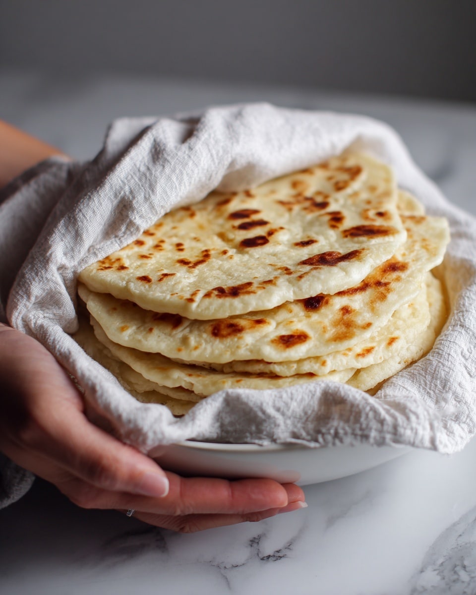 The image shows a stack of six soft flatbreads with a light golden-brown color, each slightly different in size, resting on a white cloth inside a white bowl. The flatbreads have some darker brown spots from cooking, indicating a light toast or char. The bowl and cloth are placed on a white marbled surface. A woman's hand is gently holding the cloth. photo taken with an iphone --ar 4:5 --v 7