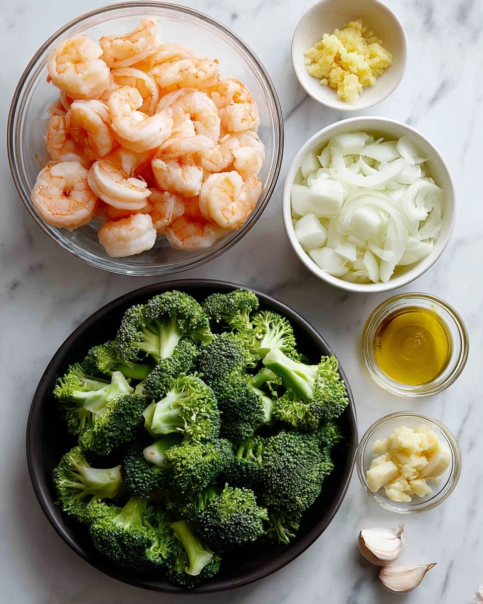 The image shows various ingredients set on a white marbled surface. There is a clear glass bowl filled with cooked shrimp that have a light orange color and firm texture. Next to it, a small white bowl contains chopped white onions with a soft, moist look. A black pan is filled with bright green broccoli florets, slightly rough in texture, arranged loosely and filling the pan. Around these main items, there are small glass bowls holding light yellow minced ginger, three peeled garlic cloves, a small amount of white coarse salt, and a transparent bowl with pale golden oil and two small yellow garlic cloves inside. The arrangement is neat and ready for cooking. Photo taken with an iphone --ar 4:5 --v 7