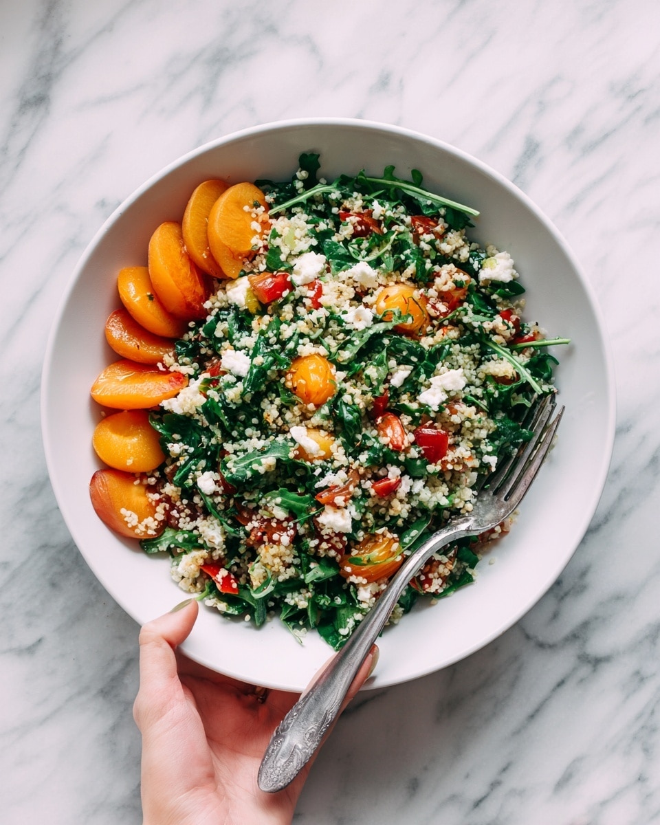 A white bowl sits on a white marbled surface filled with a colorful salad. The bottom layer shows green leafy spinach and arugula with a slightly rough texture. On top, there are small white grains that look like couscous scattered evenly. Bright orange apricot halves with smooth skin and a soft texture are arranged on one side of the bowl. Small red cherry tomato pieces and bits of white cheese are mixed with the greens, adding splashes of color and a crumbly texture. A silver fork rests inside the bowl, with a woman's hand gently holding it from the bottom right corner. Photo taken with an iphone --ar 4:5 --v 7