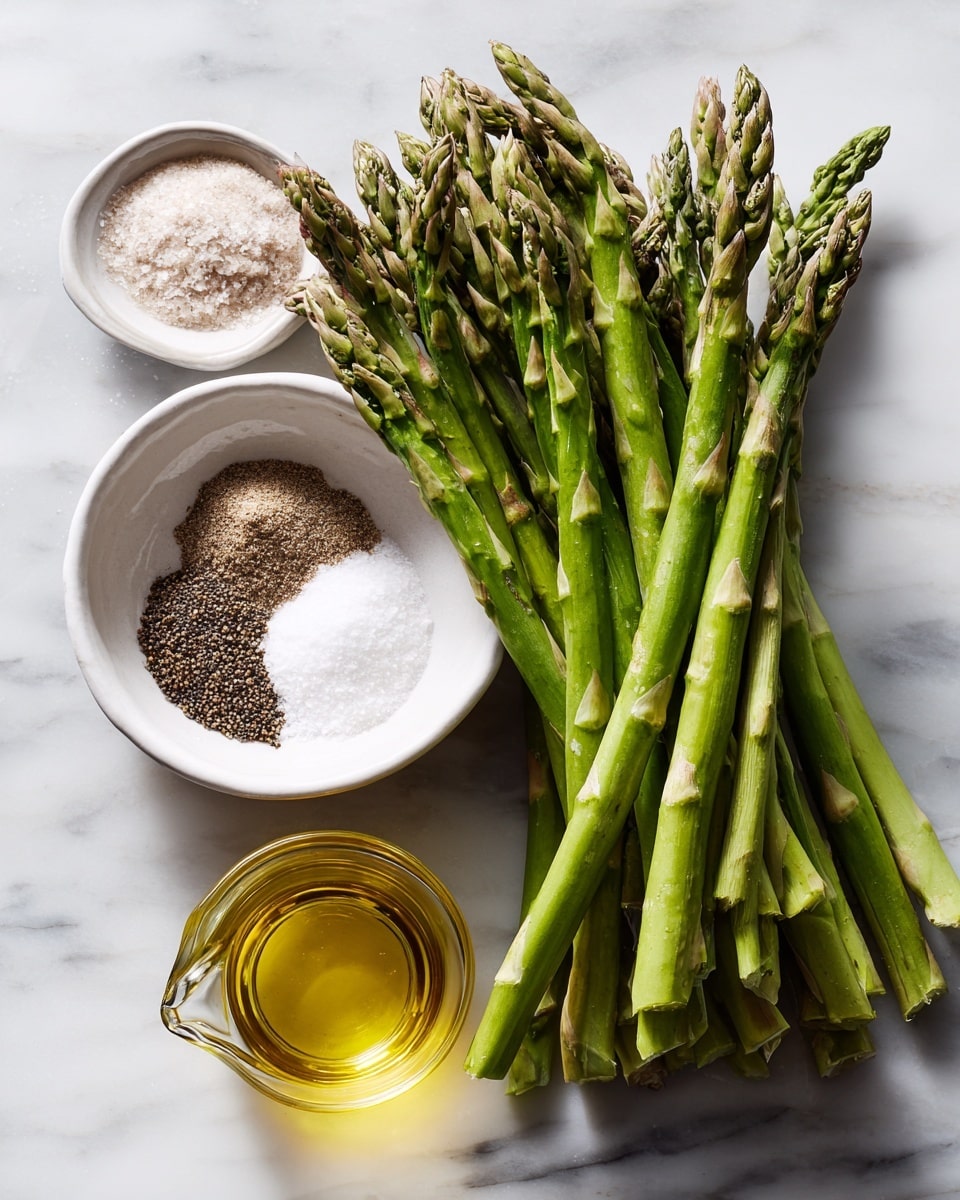 A bunch of fresh green asparagus stalks is placed on a white marbled surface, their bright green color and crisp texture clear and fresh. To the upper left of the asparagus, there is a white bowl holding three sections of ingredients: coarse white salt, light brown powder, and cracked black pepper, each section distinct but close together. Below the bowl, a small glass jug filled with golden olive oil reflects light gently. The scene is simple and clean, focusing on the freshness of ingredients against the soft white marble background. photo taken with an iphone --ar 4:5 --v 7