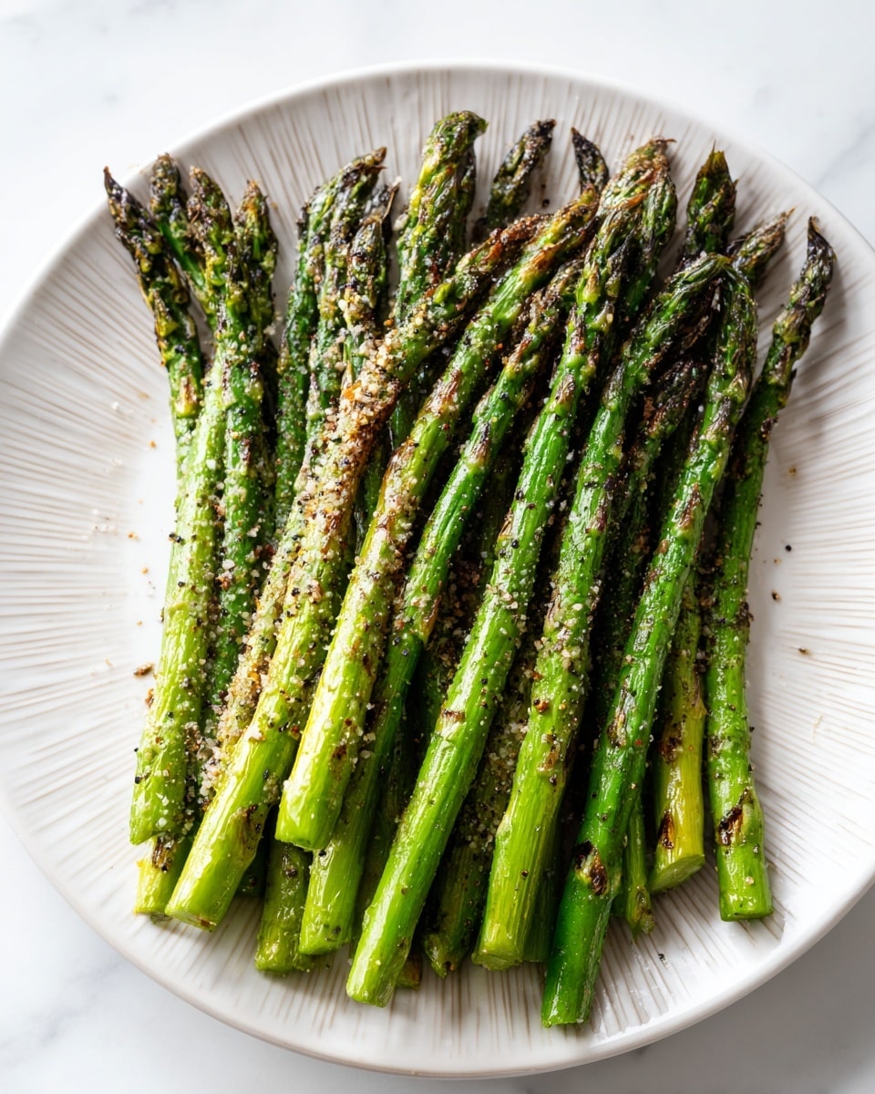 A white plate is filled with one layer of roasted asparagus spears arranged side by side. The asparagus is bright green with darker, slightly charred tips showing a textured, roasted surface. The spears are coated lightly with a grainy seasoning that looks like salt and pepper. The white plate has a subtle striped design near the edges, and the setting is a white marbled texture. Photo taken with an iphone --ar 4:5 --v 7