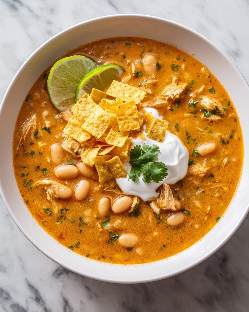 A white bowl filled with a thick orange chili soup that has white beans and pieces of chicken. The soup is topped with a small pile of crushed yellow tortilla chips, a dollop of white sour cream, a small green cilantro leaf, and a wedge of lime. The colors in the bowl are warm with the orange soup and bits of green from the lime and cilantro. The bowl sits on a white marbled surface. Photo taken with an iphone --ar 4:5 --v 7