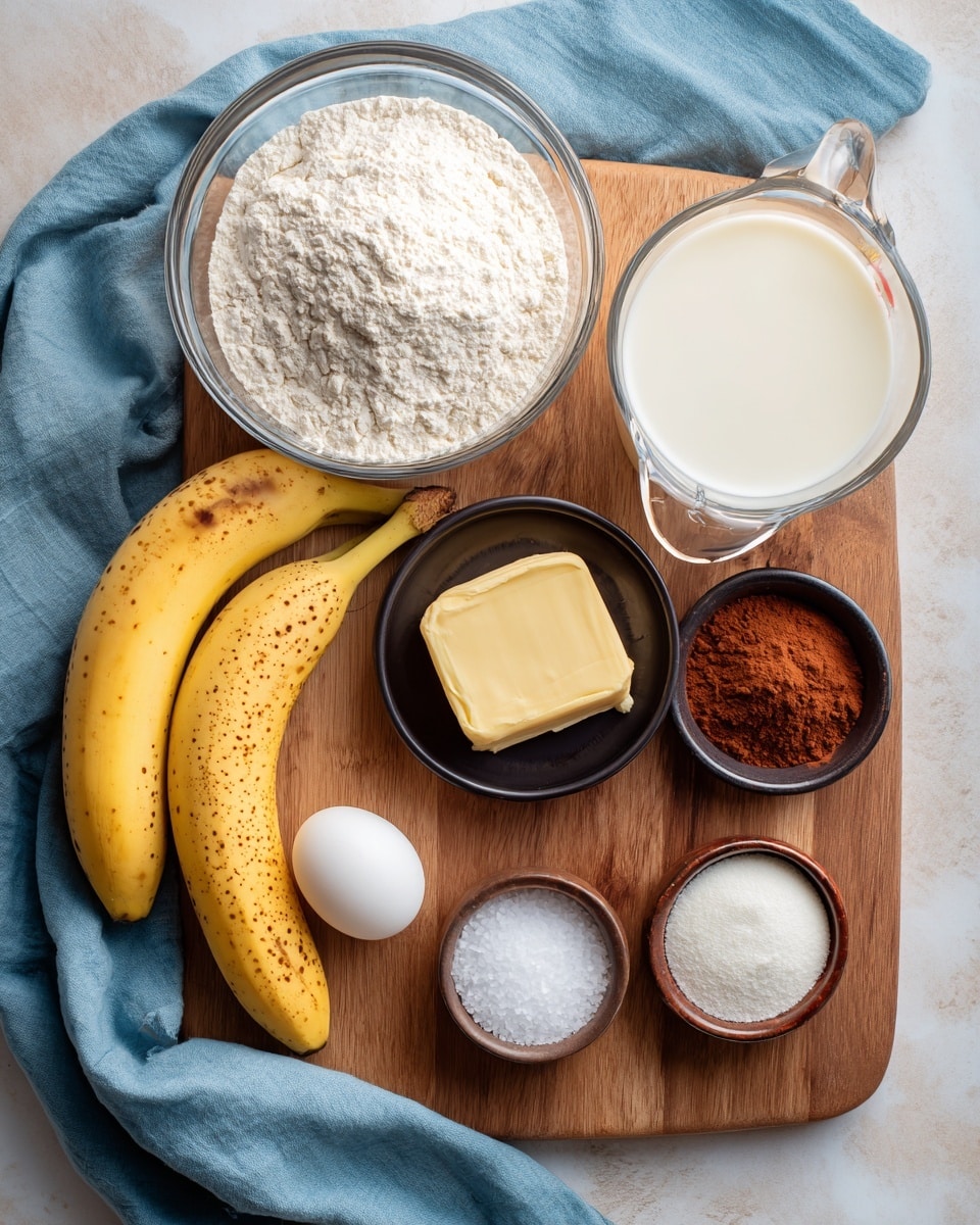 The image shows a wooden board with baking ingredients arranged neatly. There are two yellow bananas with brown spots at the front left. To the right, a clear white marbled measuring cup holds milk. Above it, a medium clear glass bowl is full of white flour. Nearby, there is a small round black bowl with a pale yellow block of butter, and another small round black bowl with a reddish-brown powder, likely cinnamon. A white bowl contains white granulated sugar, and a white small bowl holds white salt. In the center lies a single white egg. A soft blue cloth is draped on the left side over the white marbled surface. photo taken with an iphone --ar 4:5 --v 7
