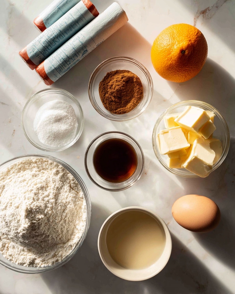 The image shows various baking ingredients on a white marbled surface. There are two tubes of biscuit dough lying horizontally with blue and red packaging on the left side. Above these tubes, there is a whole orange, a small glass bowl with brown cinnamon powder, and another small glass bowl with dark vanilla extract, all spaced out neatly. To the right, there is a medium glass bowl filled with white powdered sugar and a small glass bowl with four chunks of yellow butter near the top right corner. At the far right is a single whole brown egg. In the bottom center, two open cups of light beige batter with a smooth texture are side by side. The lighting highlights the textures and creates subtle shadows around the items. photo taken with an iphone --ar 4:5 --v 7
