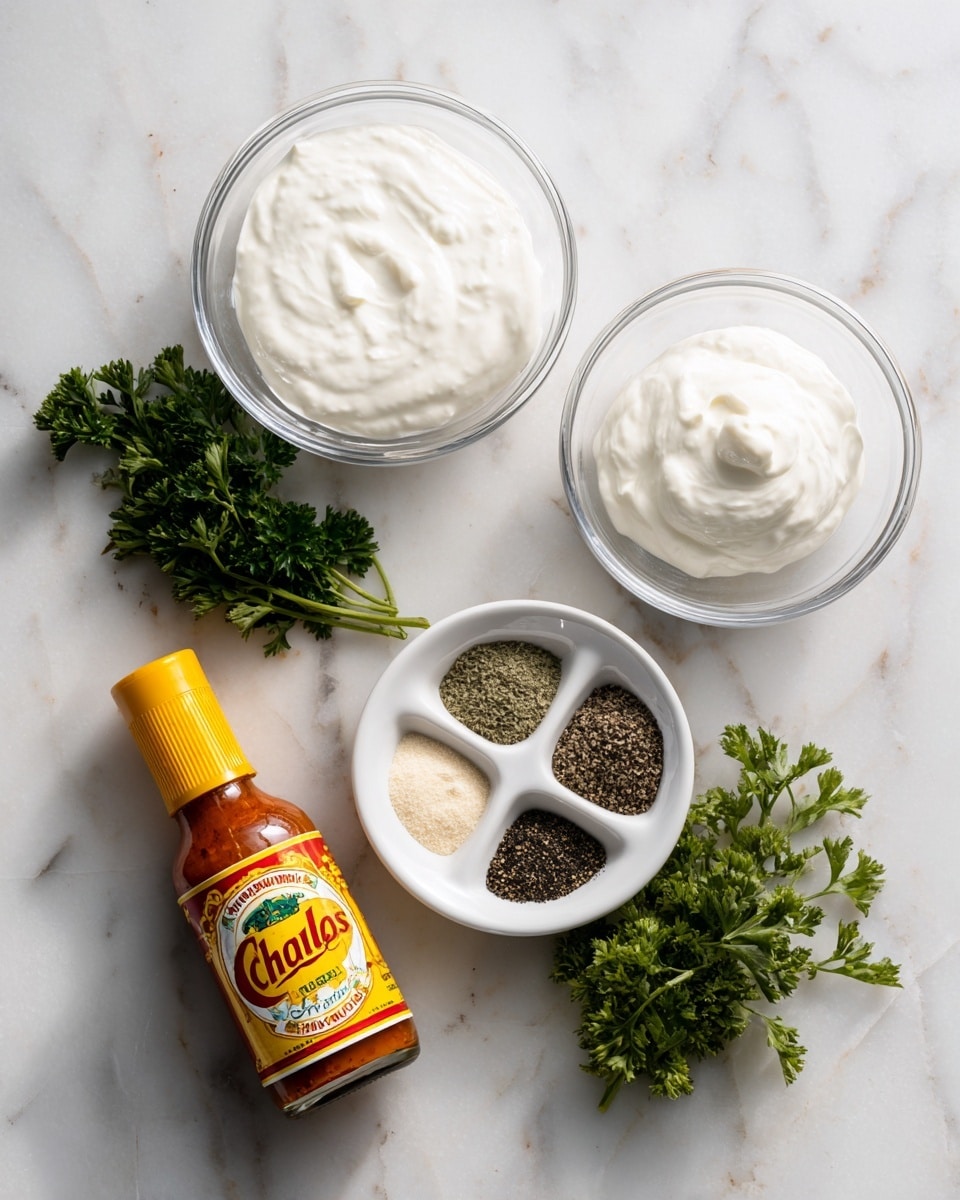 The image shows a flat lay of ingredients on a white marbled surface. On the top left is a clear glass bowl filled with thick white sour cream or yogurt. To its right, a similar clear glass bowl contains the same thick white creamy ingredient. Below these bowls is a small white bowl divided into five sections, each holding a different dried spice or seasoning in white, beige, black, and green colors. To the left of the spice bowl, there is a small bunch of fresh green parsley. On the bottom left corner of the image, there is a bright bottle of Cholula hot sauce with a yellow and red label. The scene has bright natural light and a clean, crisp look. photo taken with an iphone --ar 4:5 --v 7