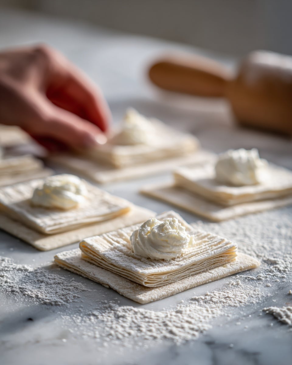 The image shows several square pieces of dough on a white marbled surface, each piece having a layer of white flour dusted on top. On each square, three small strips of dough are stacked in the middle, slightly textured with a soft, smooth look. On top of the dough strips lies a small round bit of white cream or butter. In the background, a rolling pin is blurry but visible, and a woman's hand is placing or adjusting one of the dough pieces. The scene feels fresh and in the middle of food preparation, with soft natural light highlighting the pale dough and creamy topping, photo taken with an iphone --ar 4:5 --v 7