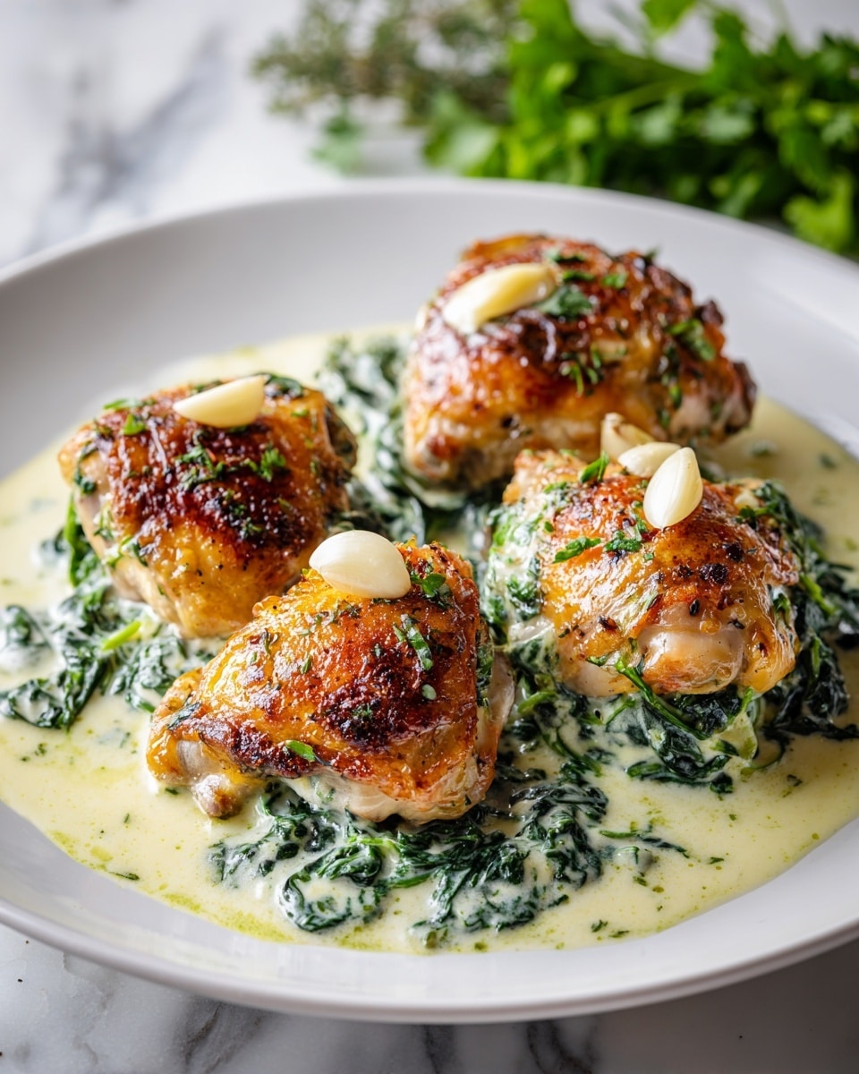 The image shows three pieces of cooked chicken with golden-brown skin placed on a white plate. Each piece is topped and surrounded by a creamy, light green sauce mixed with wilted spinach leaves. The sauce covers part of the chicken and pools on the plate, giving a smooth, rich texture contrasted by the crispy chicken skin. A few peeled garlic cloves rest on top of the chicken in the front. The plate sits on a white marbled surface with blurred green herbs in the background. photo taken with an iphone --ar 4:5 --v 7