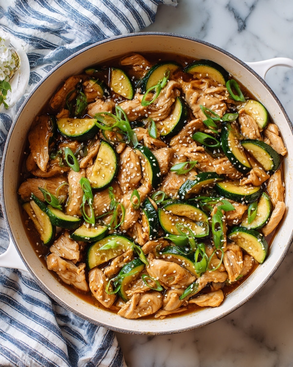 The image shows a white pan filled with a cooked dish made of light brown tender chicken pieces and green zucchini slices. The chicken pieces are thin and irregularly shaped, spread evenly throughout the pan. The zucchini is sliced into half-moons, each slice showing both the dark green skin and lighter green inside. The dish is garnished with small white sesame seeds sprinkled all over and thinly sliced green onions scattered on top, adding a fresh touch. The pan rests on a white marbled surface, with a striped blue and white cloth partially visible in the lower left corner. Photo taken with an iphone --ar 4:5 --v 7