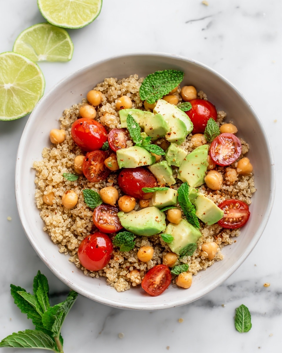 A white bowl filled with a three-layer dish sits on a white marbled surface with cut lime halves and green mint leaves nearby. The bottom layer is light brown cooked quinoa with a soft, grainy texture. Scattered evenly within the quinoa are beige chickpeas that add round shapes throughout. Sitting on top are bright red cherry tomatoes, some whole and others sliced in half showing a juicy interior. The final top layer is made up of pale green avocado chunks with a creamy texture, placed in small clusters, adding a fresh look to the dish. Photo taken with an iphone --ar 4:5 --v 7