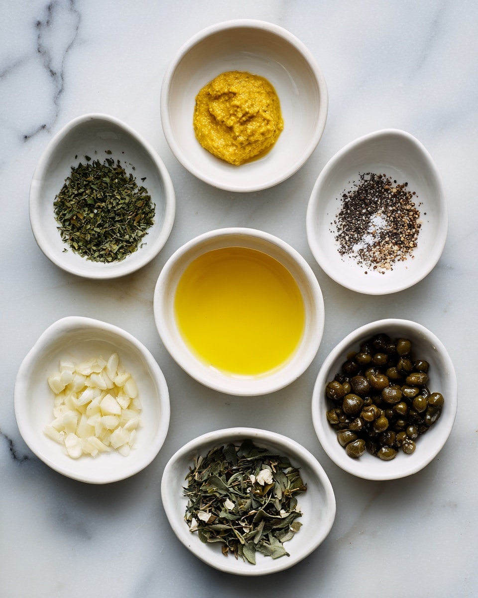 The image shows seven small white dishes arranged on a white marbled surface, each holding a different ingredient. At the center right is a bowl with a yellow liquid. Above it, a small bowl with a dollop of mustard-yellow paste. To the top left, a dish with golden olive oil. To the right of the oil, a small bowl holds a mix of coarse black pepper and white salt. On the bottom left, a dish contains finely chopped green herbs alongside dried green herbs. Below, a small bowl with minced pale garlic sits near the bottom center. Finally, at the bottom right, a dish holds chopped dark green capers. The arrangement is neat and clear, with natural light. Photo taken with an iphone --ar 4:5 --v 7