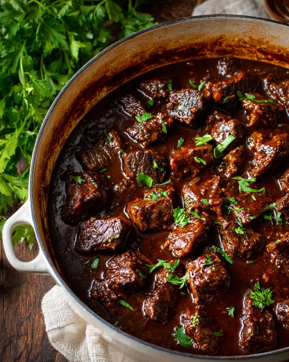 The image shows a white cooking pot filled with dark brown chunks of meat in a rich, glossy sauce. The meat pieces have a tender, soft texture and are scattered evenly across the sauce, with small green parsley leaves sprinkled on top for color contrast. The rim of the pot has slight browning from cooking, and the pot sits on a dark wooden surface with fresh parsley in the background. The overall look is warm and hearty, suggesting a slow-cooked stew or braise. photo taken with an iphone --ar 4:5 --v 7